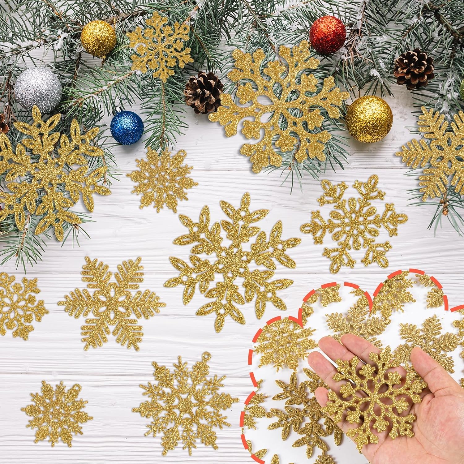 49 piezas de decoraciones de fiesta de Navidad adornos de copo de nieve  copos de nieve con purpurina dorada DIY adornos colgantes para árbol de