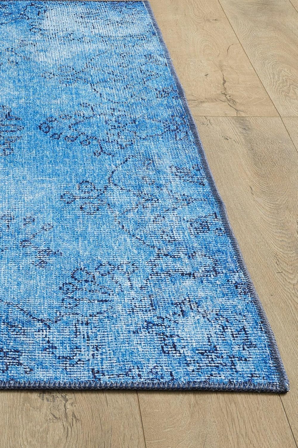 Woolknot ENC1092 – Alfombra vintage azul para sala de estar, alfombra floral, turquesa, pequeña, lavable, bohemio, alfombra estampada envejecida con