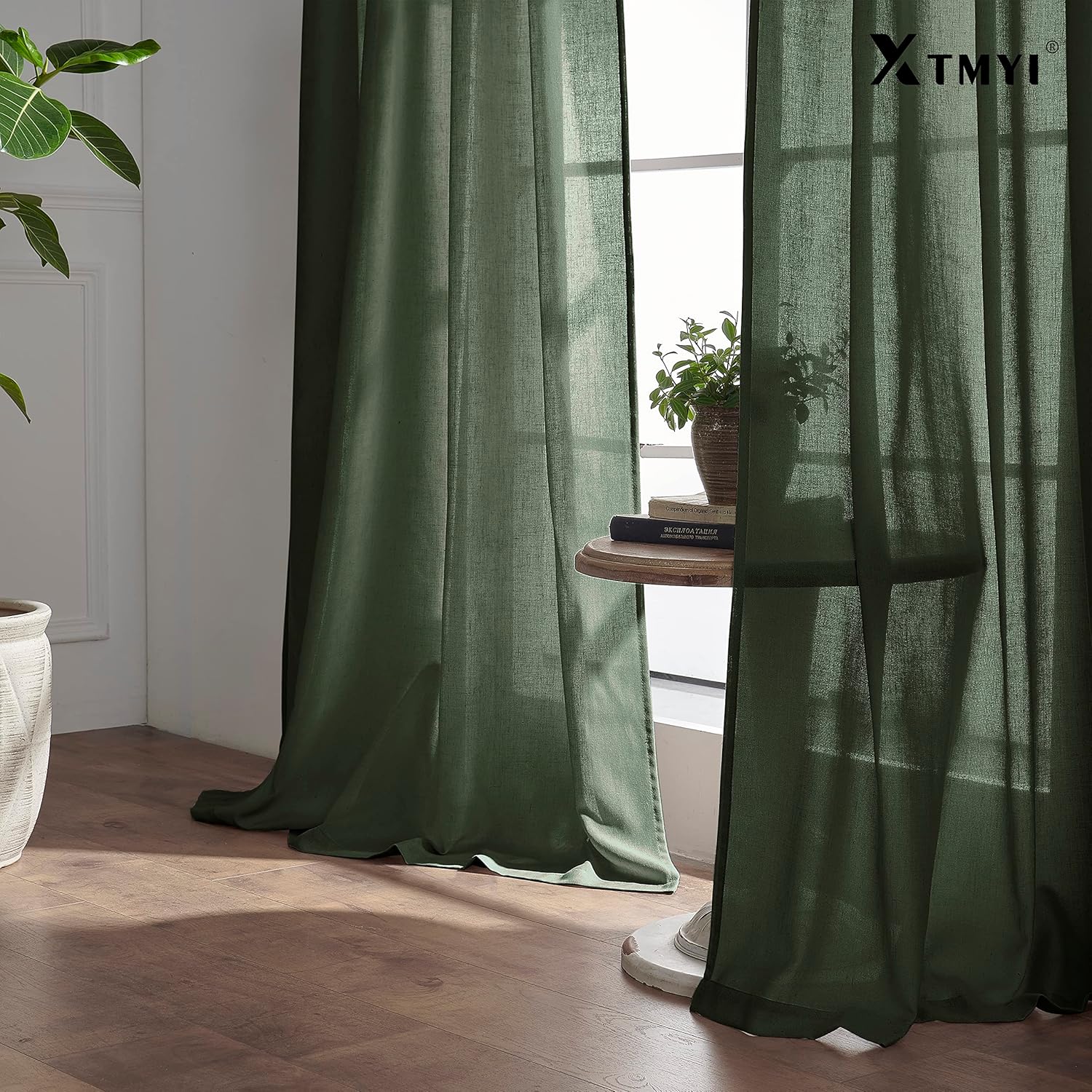 XTMYI Juego de 2 paneles de cortinas de lino transparente de 102 pulgadas de largo, color verde oliva, cinturón de gancho, pestaña trasera, mezcla