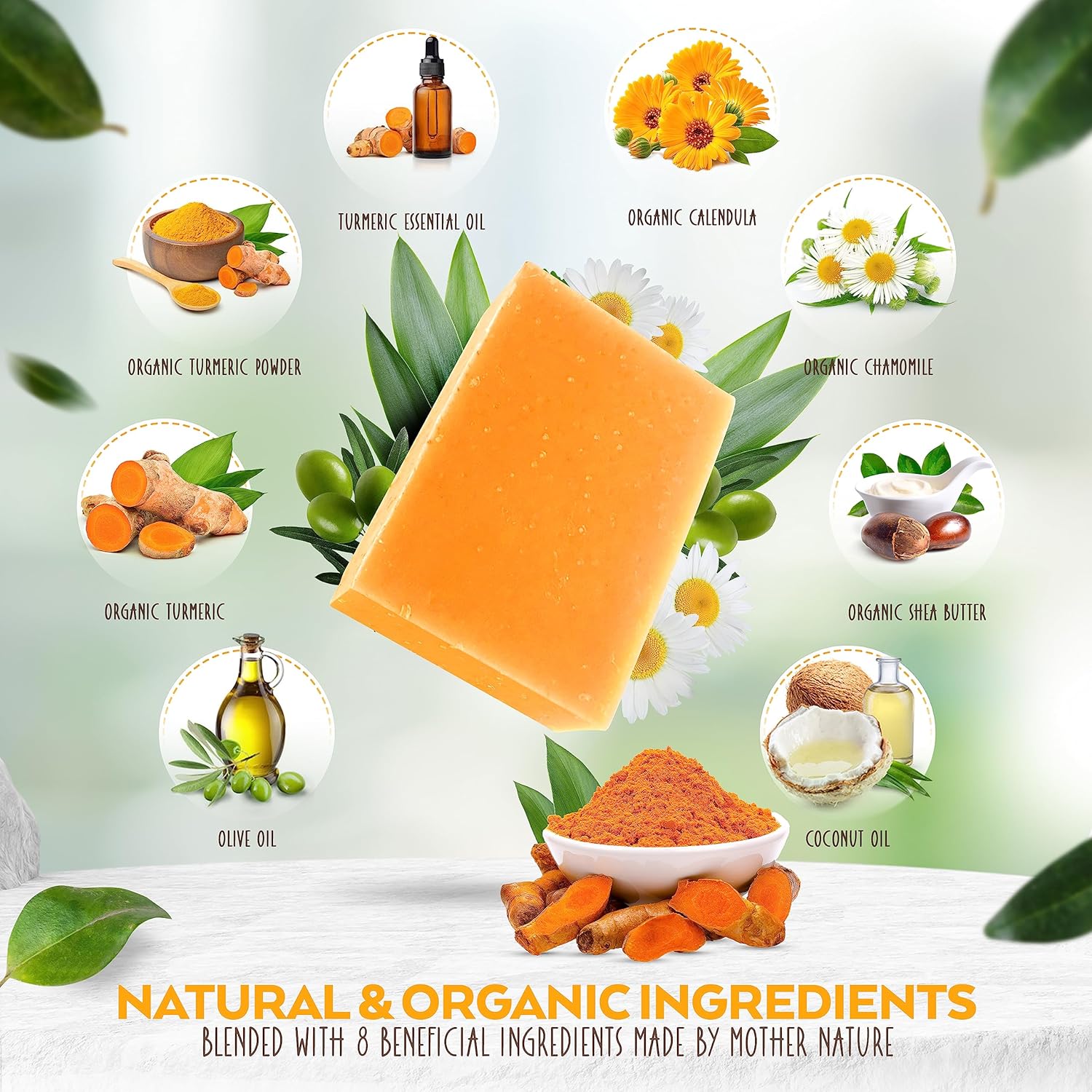 Barra de jabón de cúrcuma (paquete de 6) para cuerpo y cara hecha con ingredientes naturales y orgánicos. Jabón suave, para todo tipo de piel,