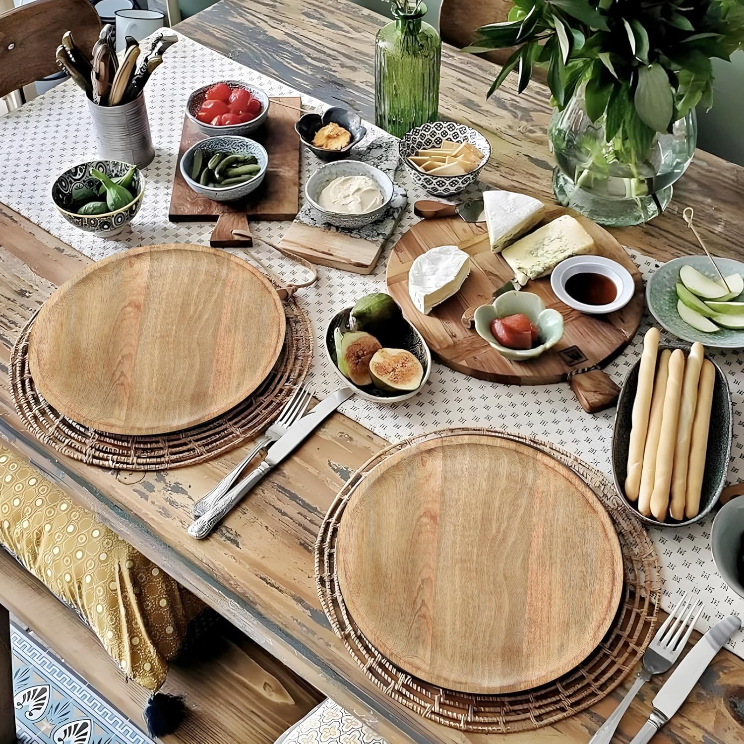 Lightnpro – Platos redondos de madera  Platos de carga de madera natural hechos a mano de 13 pulgadas, platos ligeros de fácil limpieza para platos,