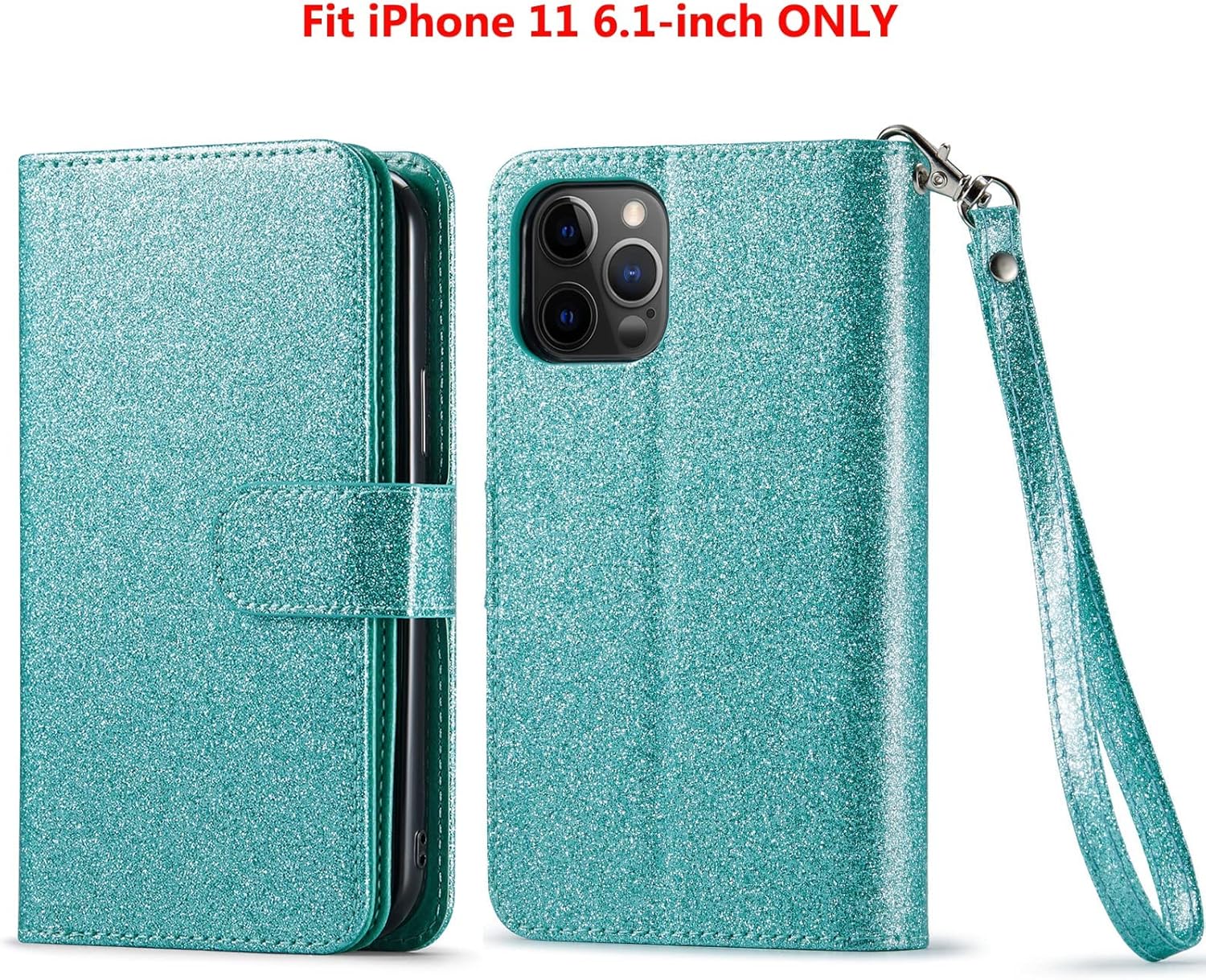 Varikke Funda tipo cartera para iPhone 11, funda magnética desmontable con tarjetero y soporte y correa de muñeca para iPhone 11 6.1 pulgadas, funda