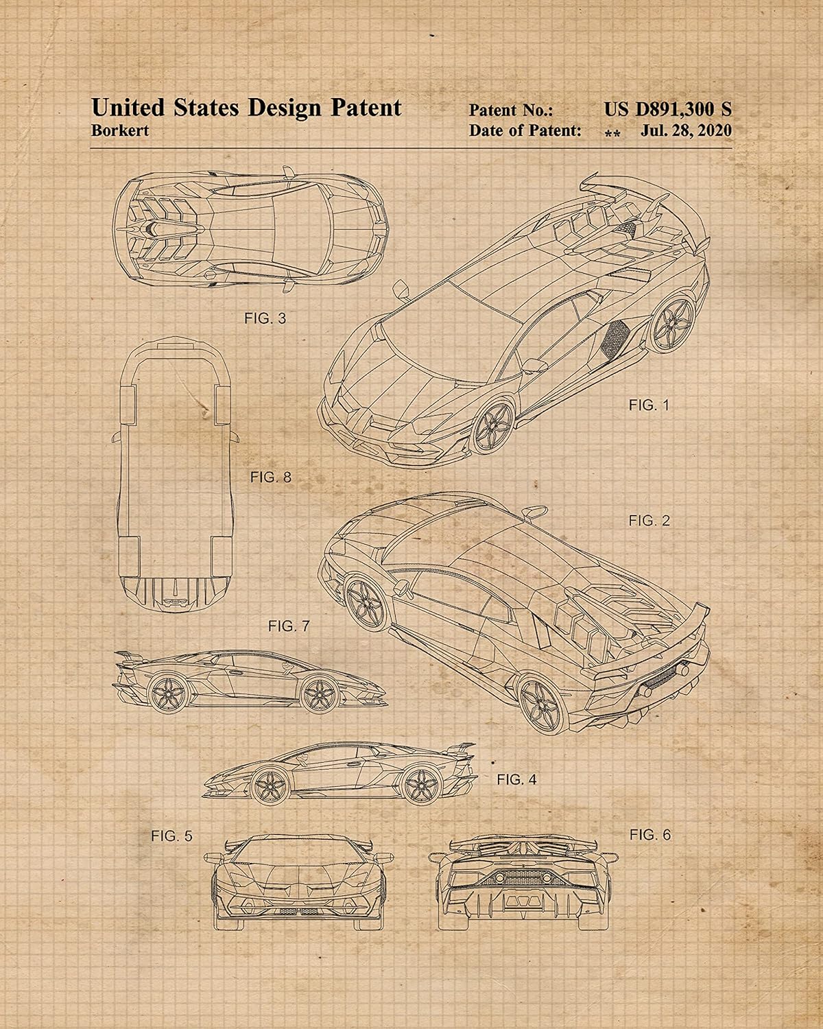 Classic Cars Patent Prints, 6 (8×10) Unframed Photos, Wall Art Decor Gifts for Home Lamborghini Office Gears Garage Shop School Racing Engineer