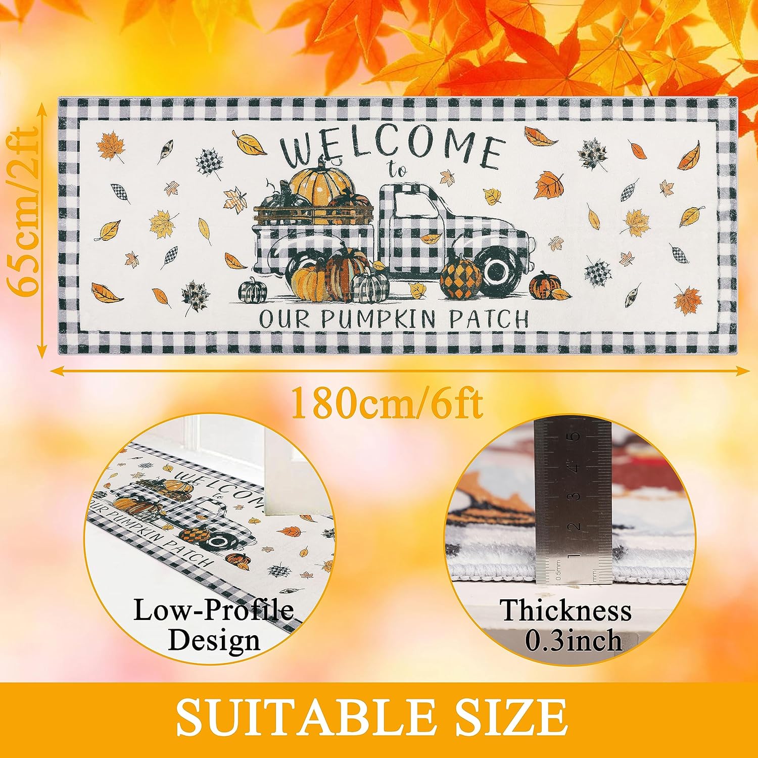 Homcomoda Alfombra de pasillo de granja de 2 x 6 pies, antideslizante, hojas de arce para otoño, alfombra de pasillo de cocina, alfombra lavable