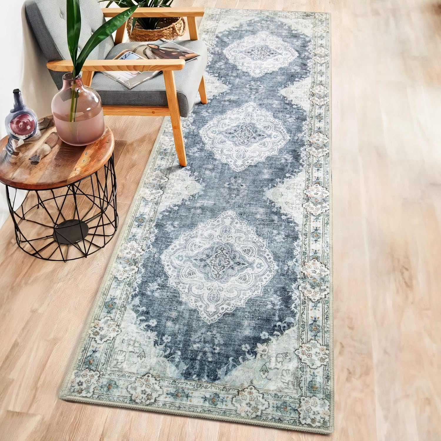 Mujoo – Alfombra para pasillo de 2 x 8 pies de largo, estilo bohemio, lavable a máquina, antideslizante, para entrada, cocina, baño, mesita de