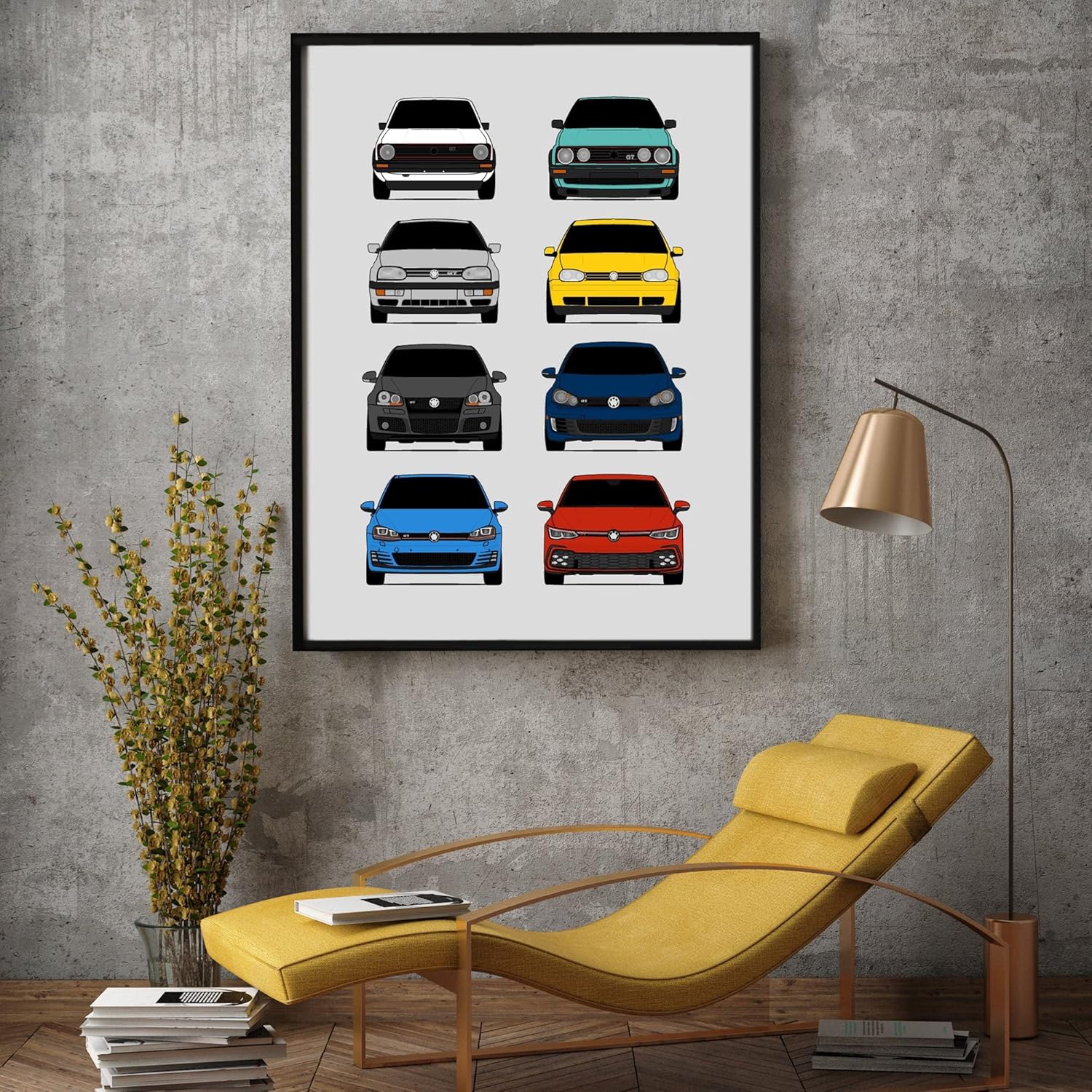 Volkswagen Golf GTI Generations Inspired Car Poster – Handmade Print of VW GTI (Car Models MK1 to MK8) – Multi, 17×22″ Metallic Print (Unframed) –