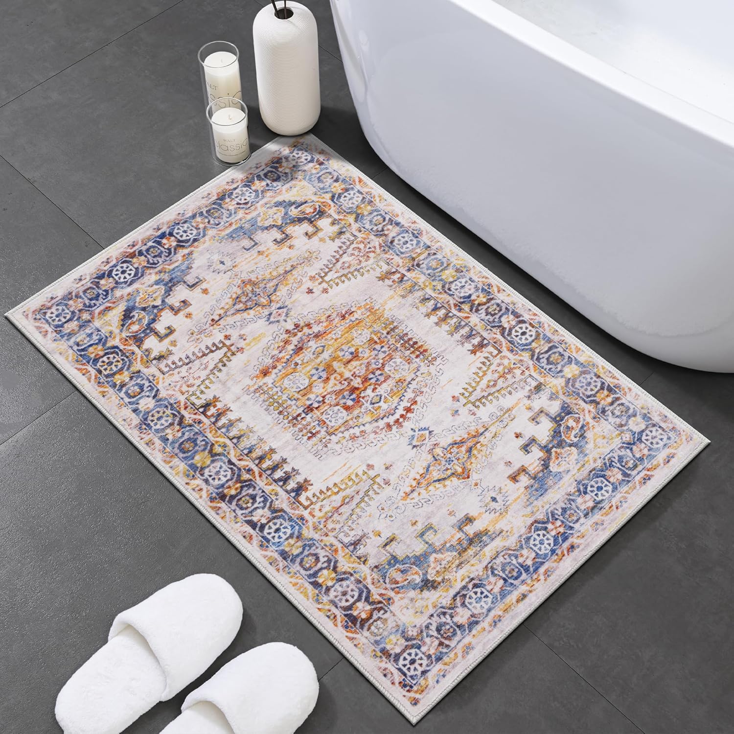 Alfombra de área lavable a máquina, medallón vintage ultrafina con respaldo antideslizante para entrada frontal interior, cocina, baño, sala de