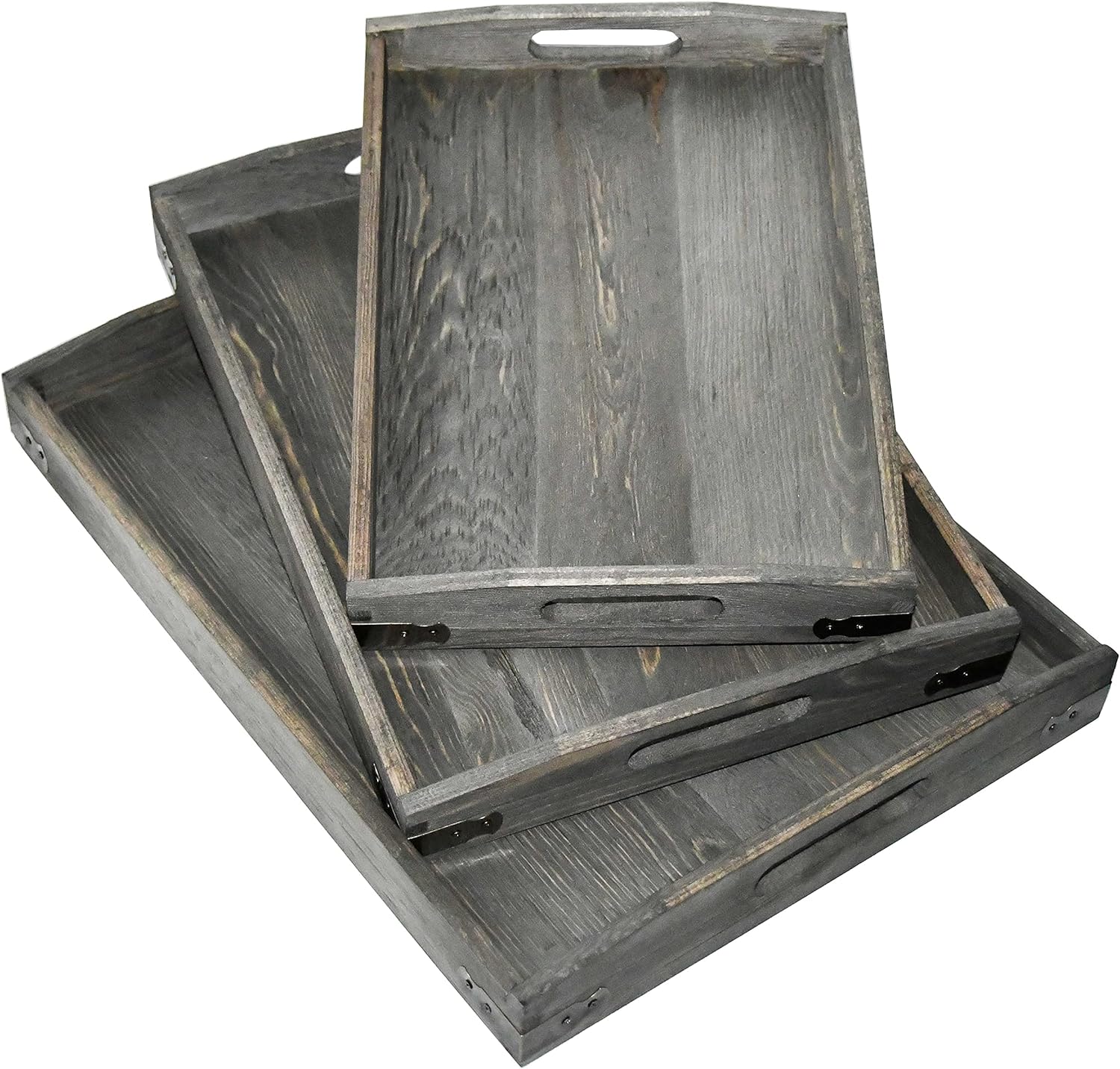 Owlgift Bandejas de madera gris vintage con detalles de metal de latón, juego de 3