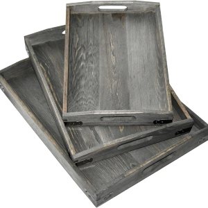 Owlgift Bandejas de madera gris vintage con detalles de metal de latón, juego de 3 Owlgift Bandejas de madera gris vintage con detalles de metal de latón, juego de 3