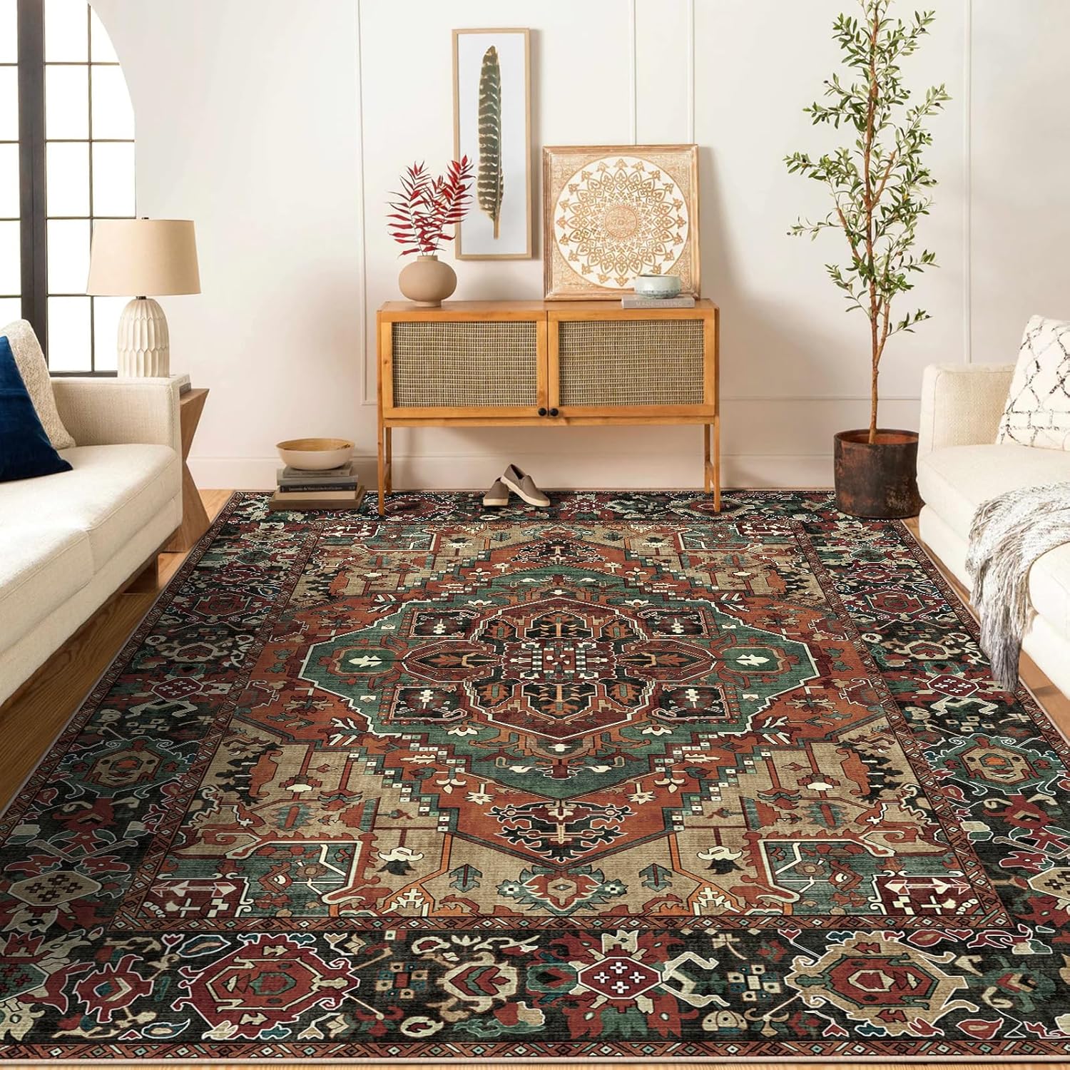 Worxvell Alfombras lavables de 5 x 7 pies para sala de estar, antideslizantes, grandes y desgastadas, orientales, suaves, para dormitorio, alfombra
