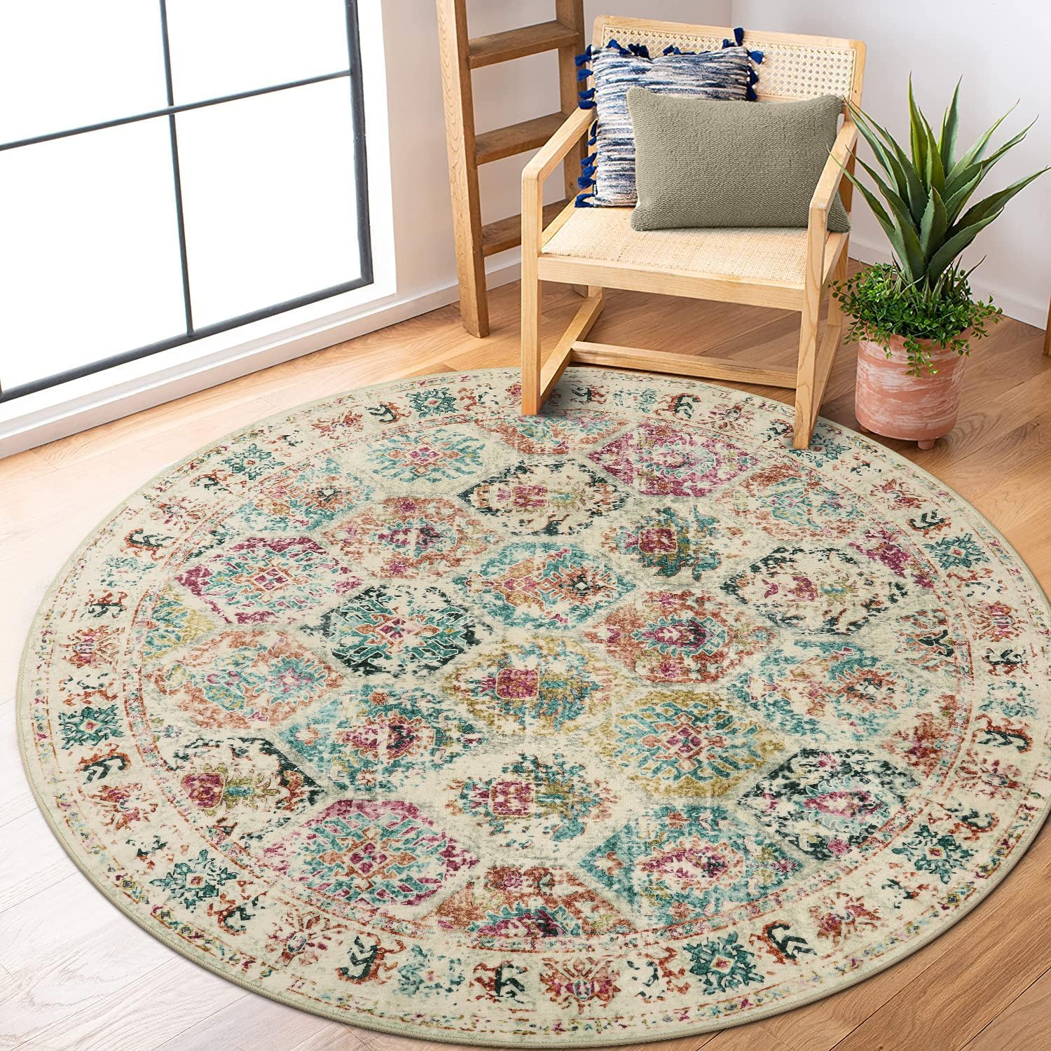 Lahome Alfombra redonda de 5 x 5 pies, lavable, para dormitorio, antideslizante, sala de estar, alfombra de área con estampado geométrico tribal de
