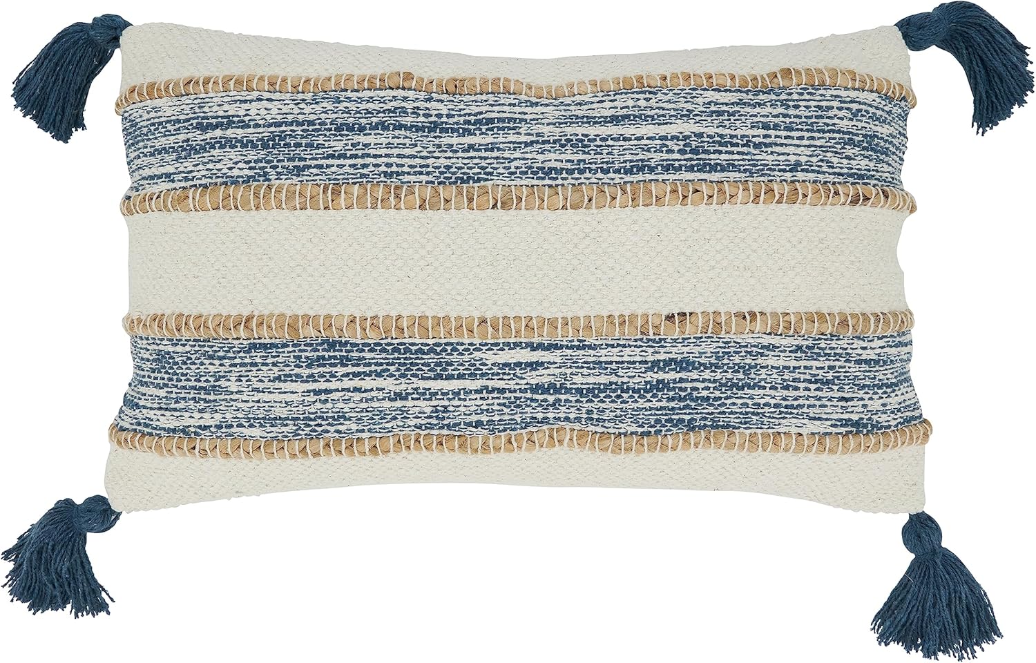 SARO LIFESTYLE Almohada de esquinas con borlas a rayas con relleno de poliéster, azul marino, 12 x 20 pulgadas