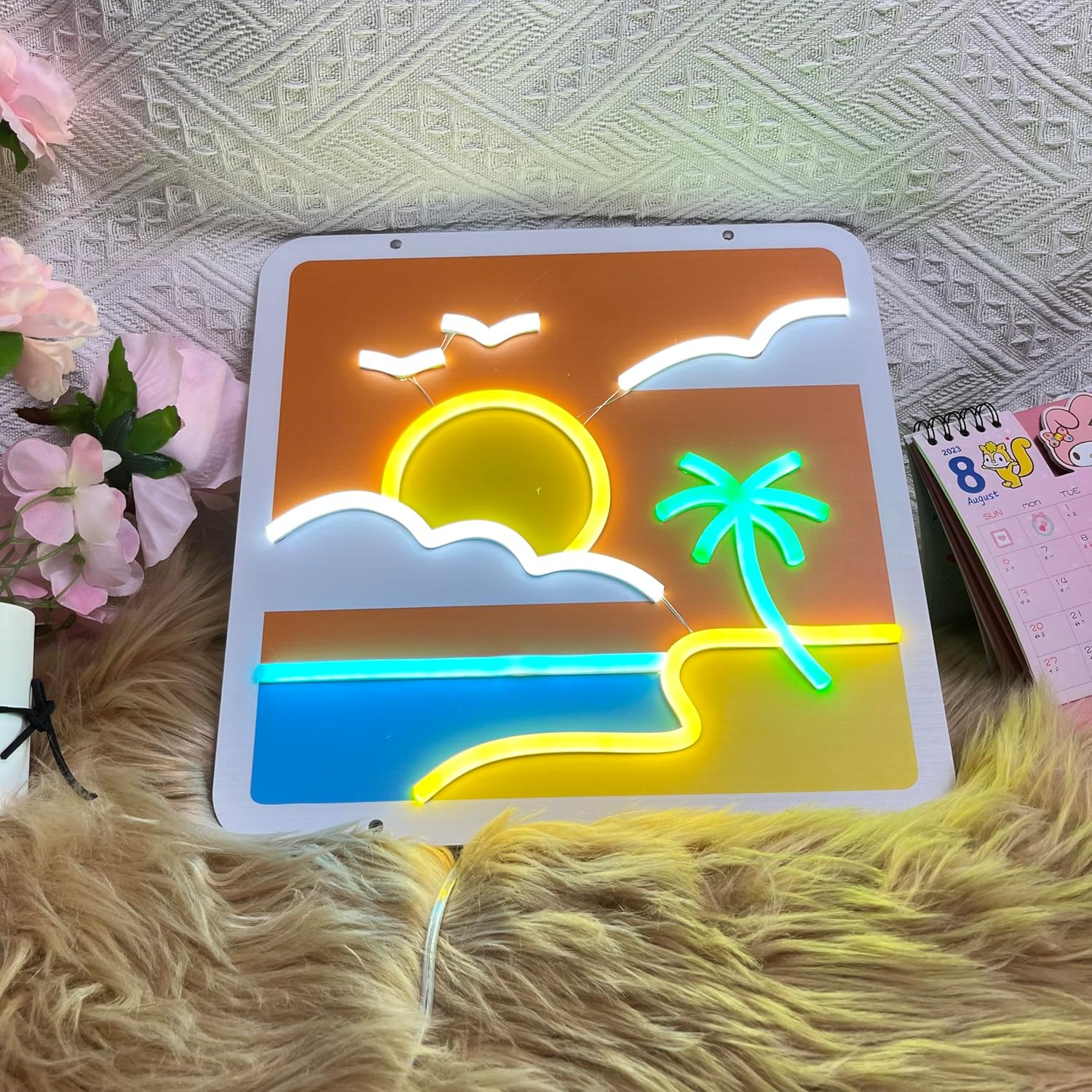 Letrero de neón LED, con impresión UV, puesta de sol y playa, luz de neón acrílica de 15.8 pulgadas para decoración de pared, brillo ajustable,