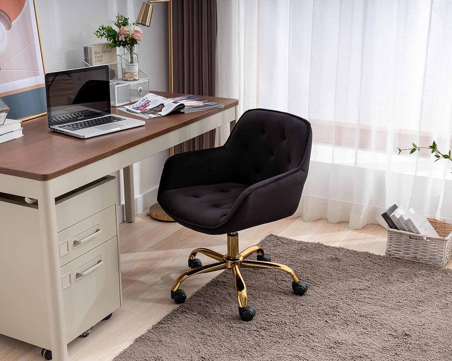 ZOBIDO Comfy – Silla de trabajo para oficina en casa con ruedas, bonita silla de escritorio giratoria ajustable con respaldo de terciopelo, para