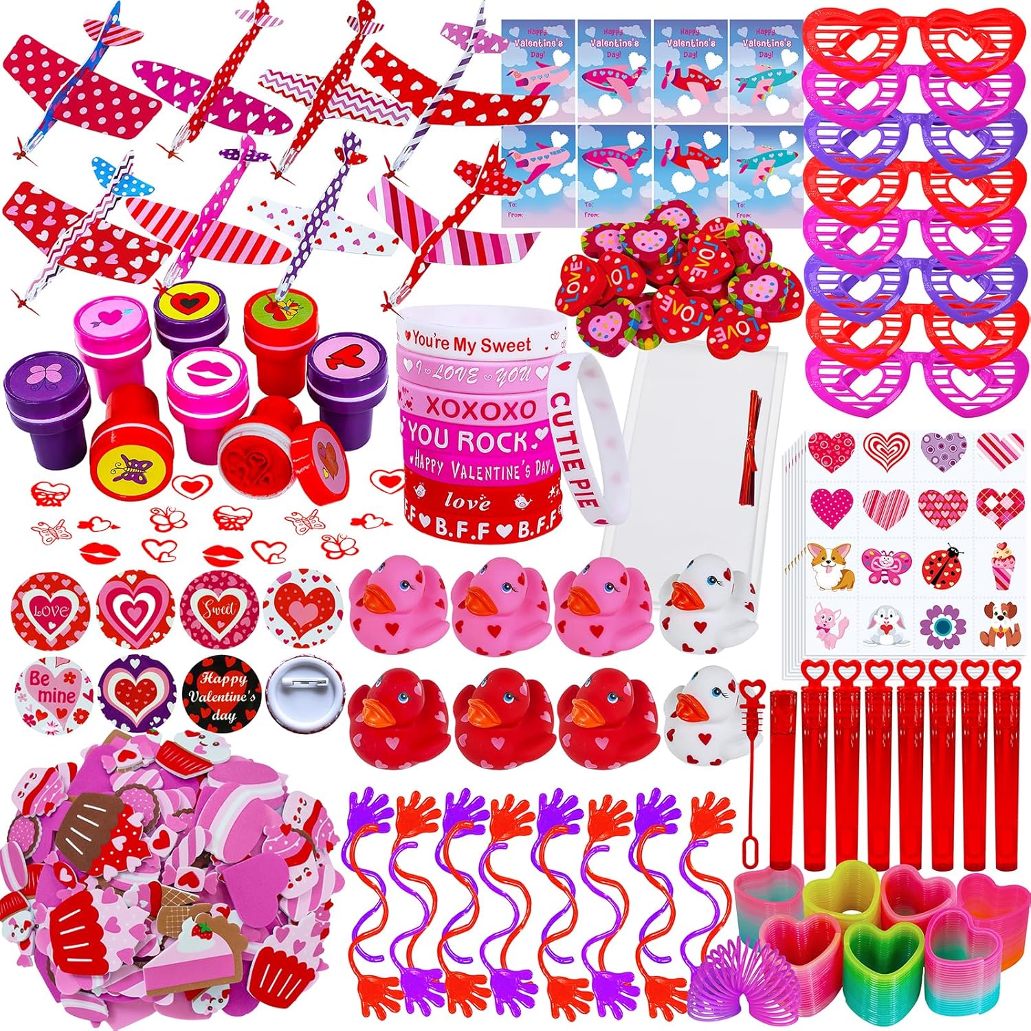 Winlyn Juego surtido de 236 piezas de artículos de papelería para el día de San Valentín, bolsas de regalos de San Valentín, premios de San