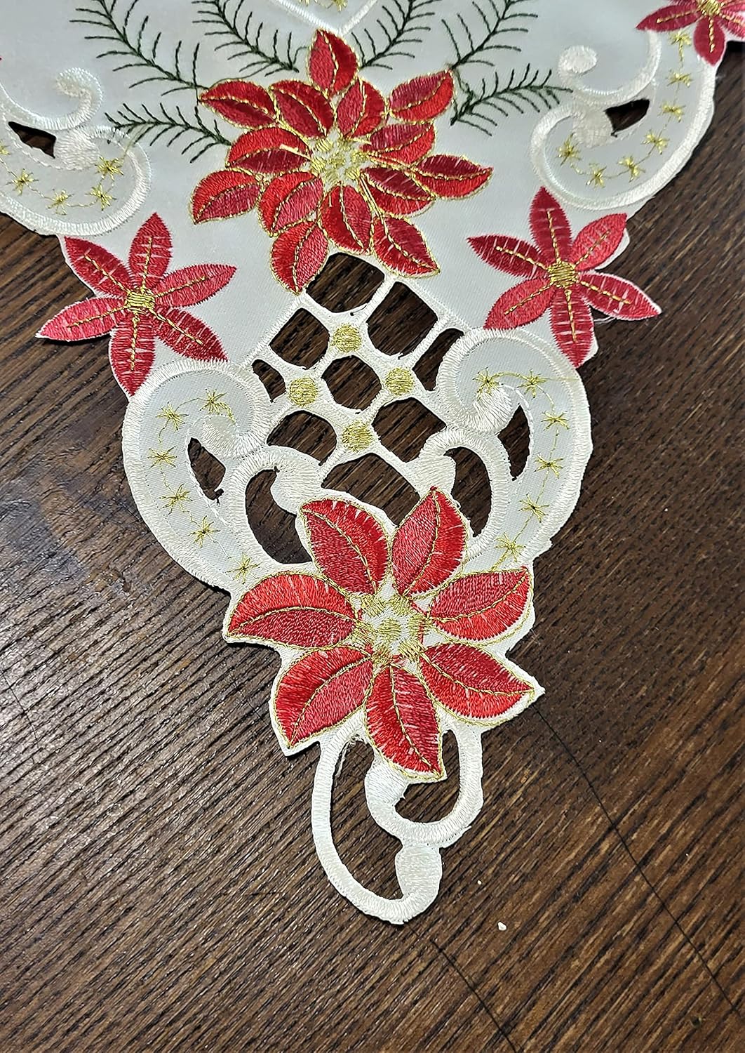 Mantel de Navidad o mantel bordado con estrellas con detalles rojos y dorados sobre tela blanca antigua, tamaño 36 pulgadas