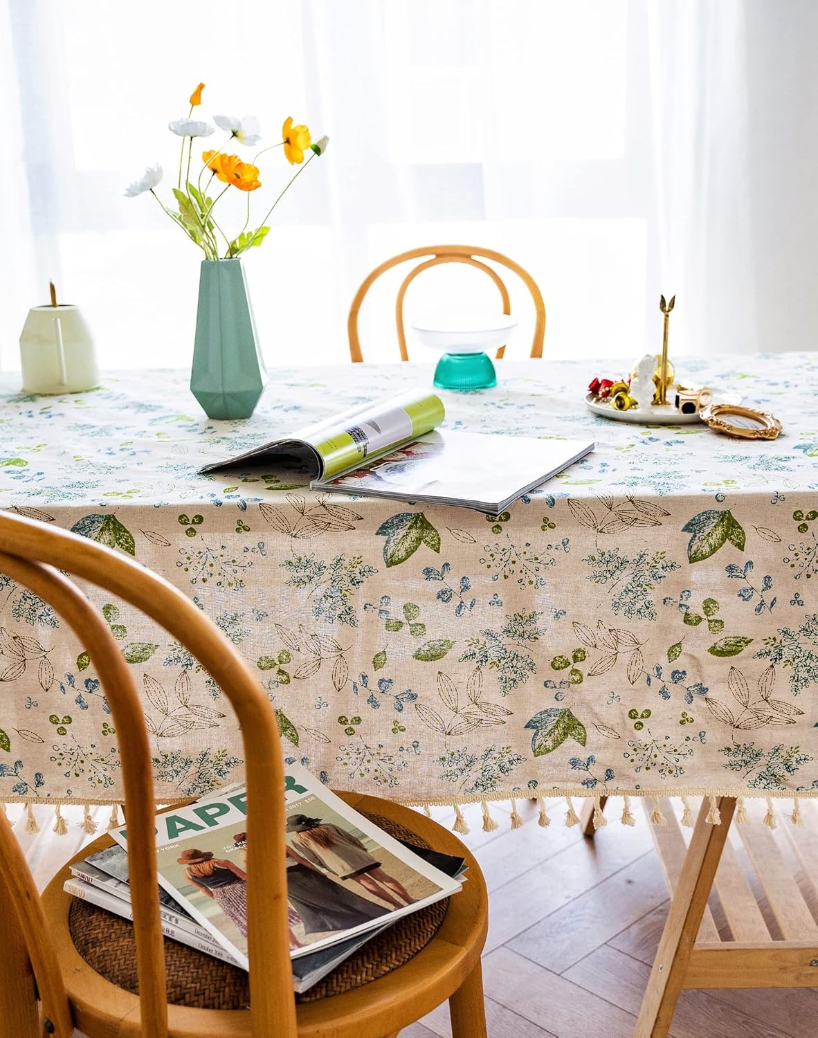 YUURAIN VUVU – Elegante tela de lino de algodón con diseño floral, mantel rectangular con borlas y costuras para cocina, comedor, mesa, decoración,