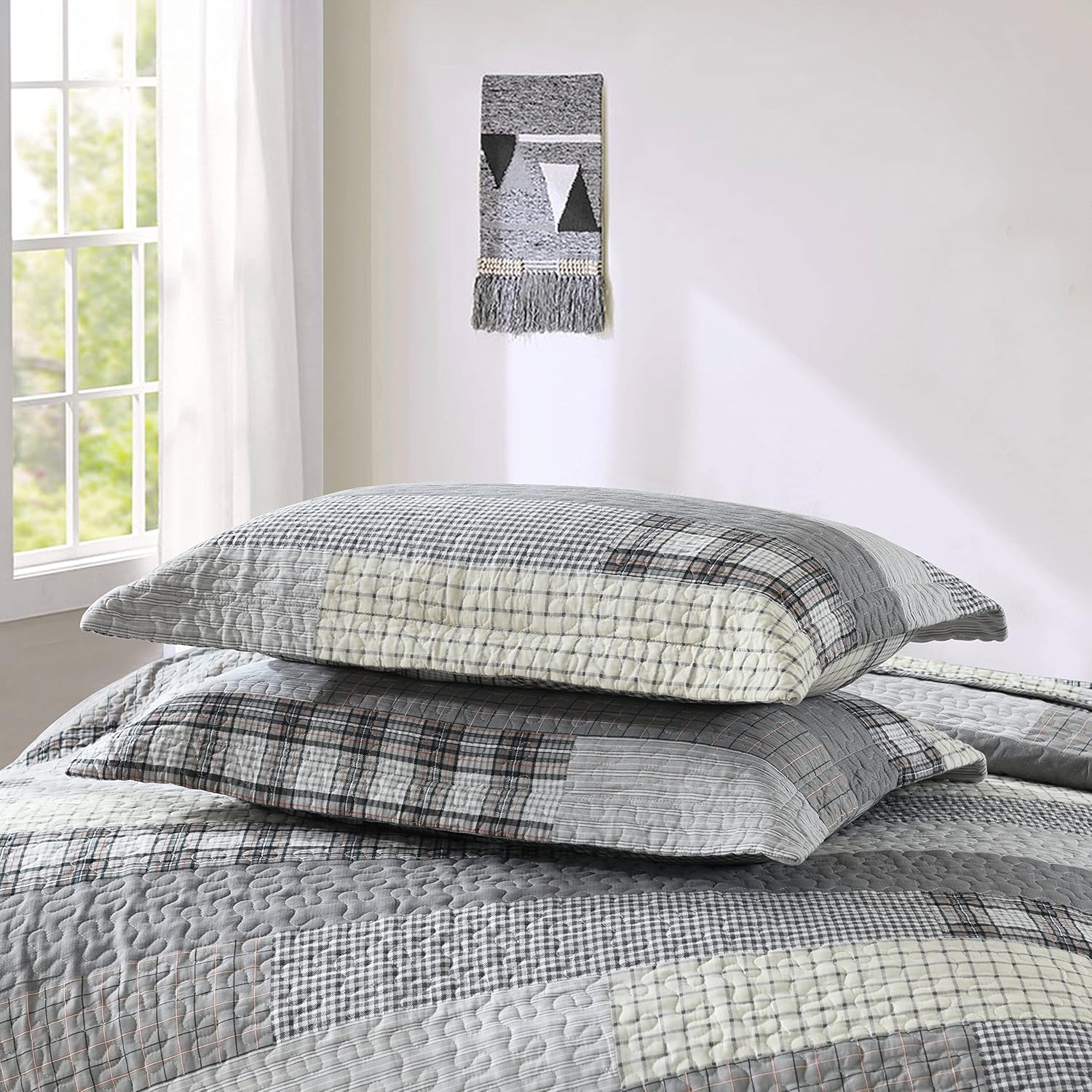 Juego de edredón de tamaño Queen, juego de ropa de cama de retazos 100% algodón, colcha a cuadros tamaño queen, juego de edredón ligero y