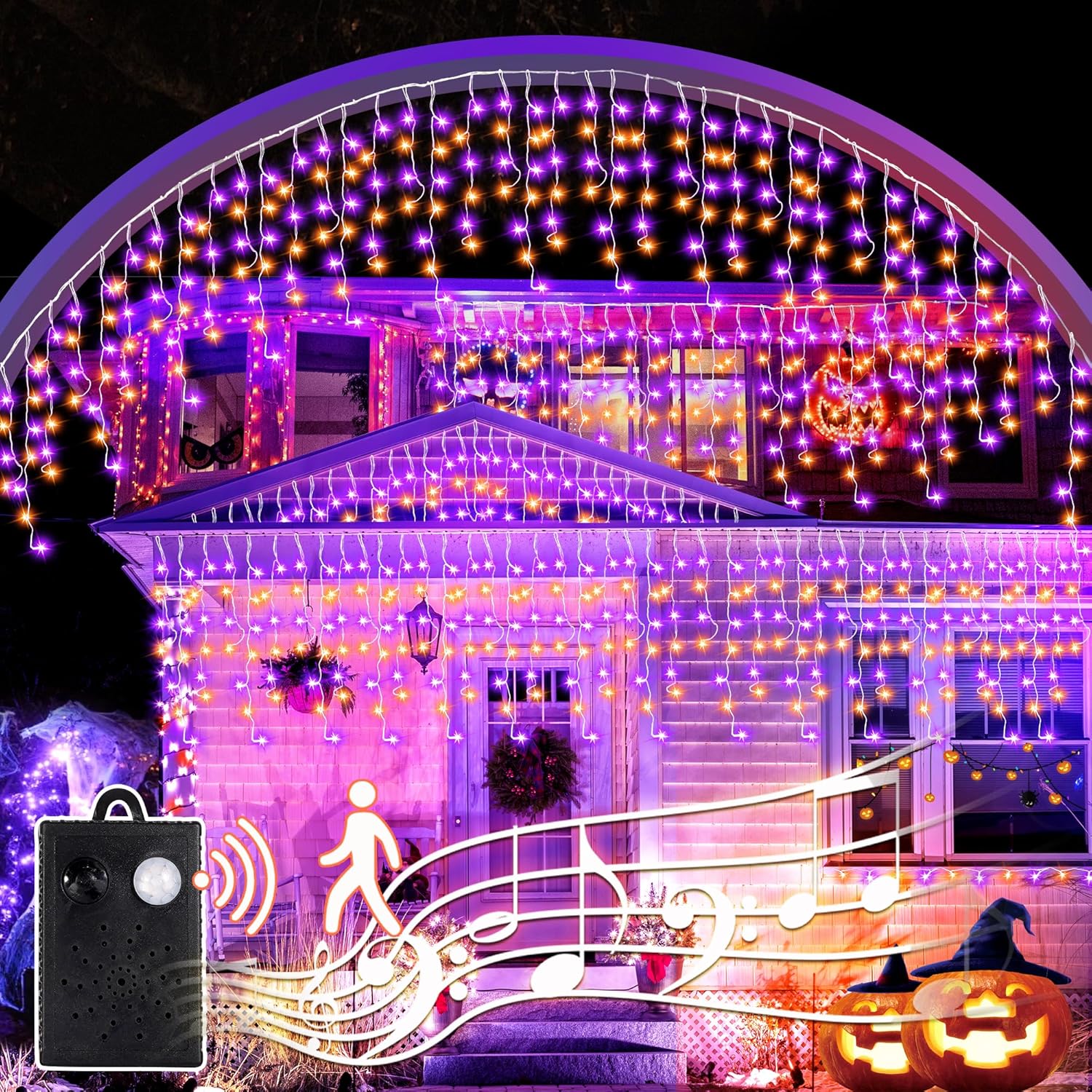 Luces de carámbano de Halloween con función de detección de movimiento de música Spook – 340 LED de 29 pies de longitud de cortina de luces púrpura