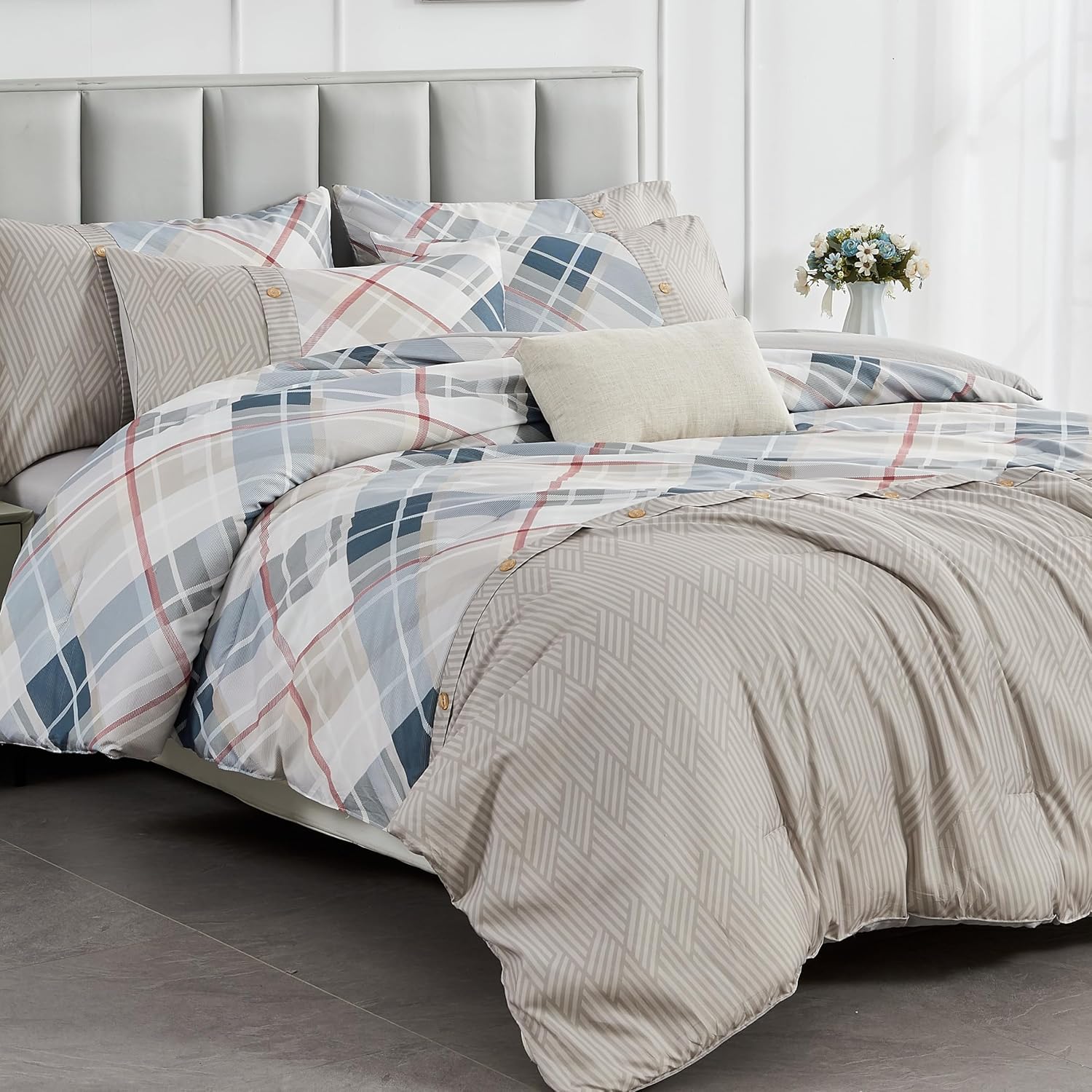 ENJOHOS Bed in a Bag Queen – Juego de edredón de 7 piezas, color caqui, tamaño Queen con sábana, juego de ropa de cama de espiga a cuadros