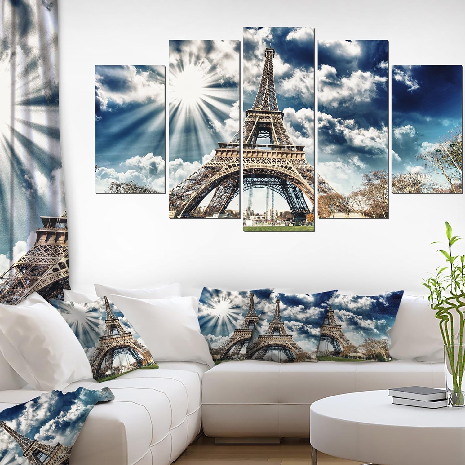 Design Art Magnífico lienzo fotográfico con vista de la Torre Eiffel – 60 x 32 pulgadas, 5 piezas, 60 x 32 pulgadas, 5 paneles con forma de
