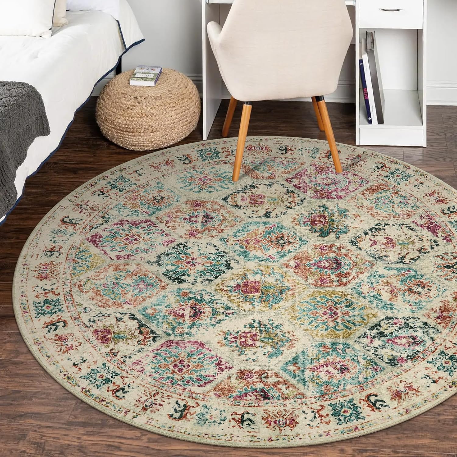 Lahome Alfombra redonda de 5 x 5 pies, lavable, para dormitorio, antideslizante, sala de estar, alfombra de área con estampado geométrico tribal de