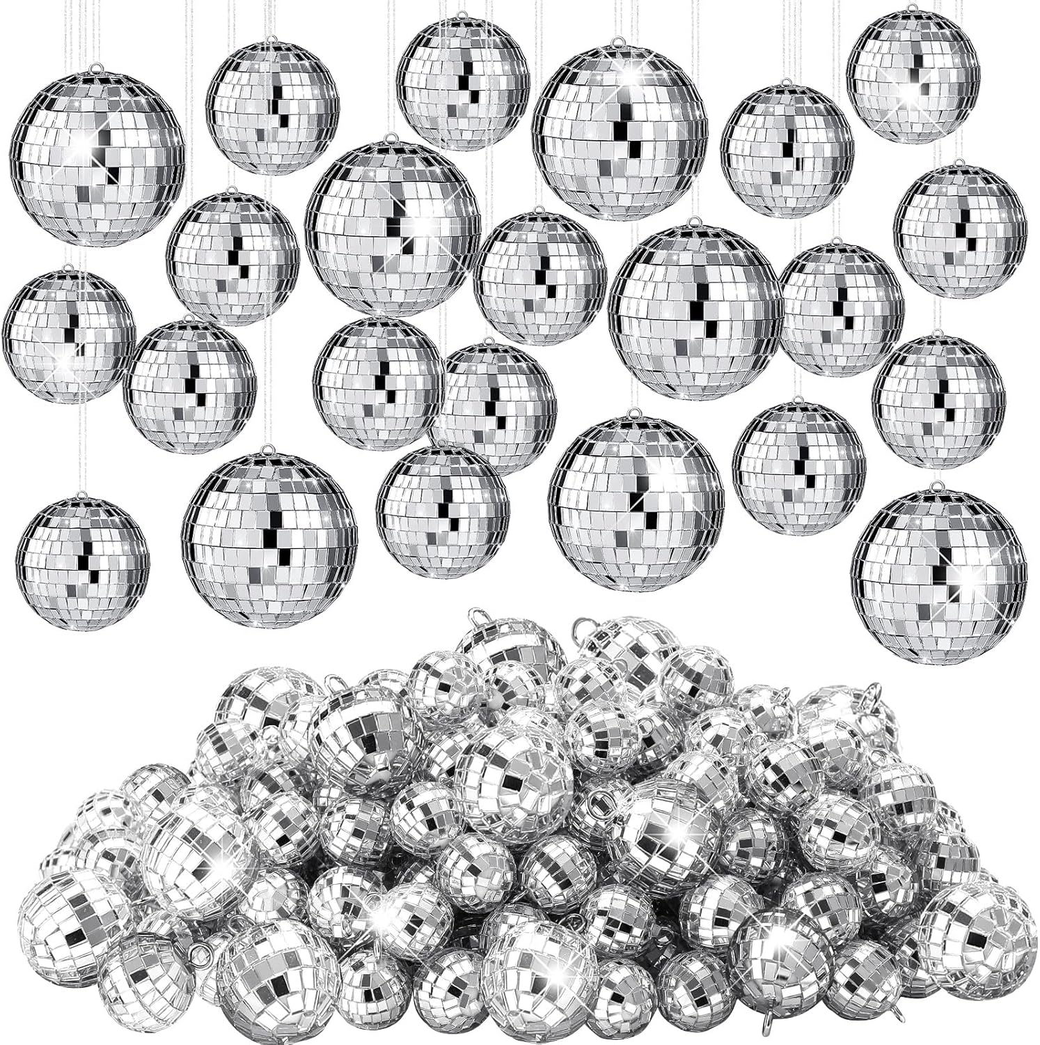 100 bolas de discoteca con espejo, decoraciones de diferentes tamaños, bolas de discoteca plateadas a granel, adornos colgantes para árbol de