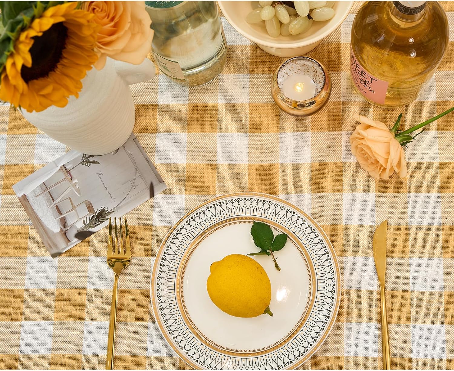 Mantel rectangular rectangular a cuadros de búfalo para primavera, verano, picnic, cocina, comedor (55 x 70 pulgadas, amarillo y blanco)