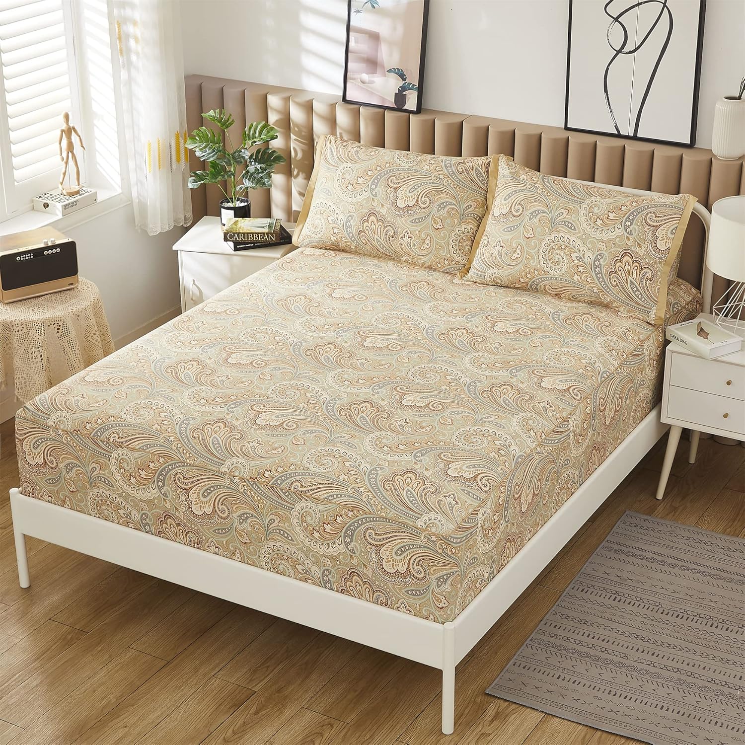 ABREEZE Juego de sábanas de lujo 100% algodón natural puro, juego de ropa de cama de 4 piezas con estampado de cachemira dorada, calidad de hotel,