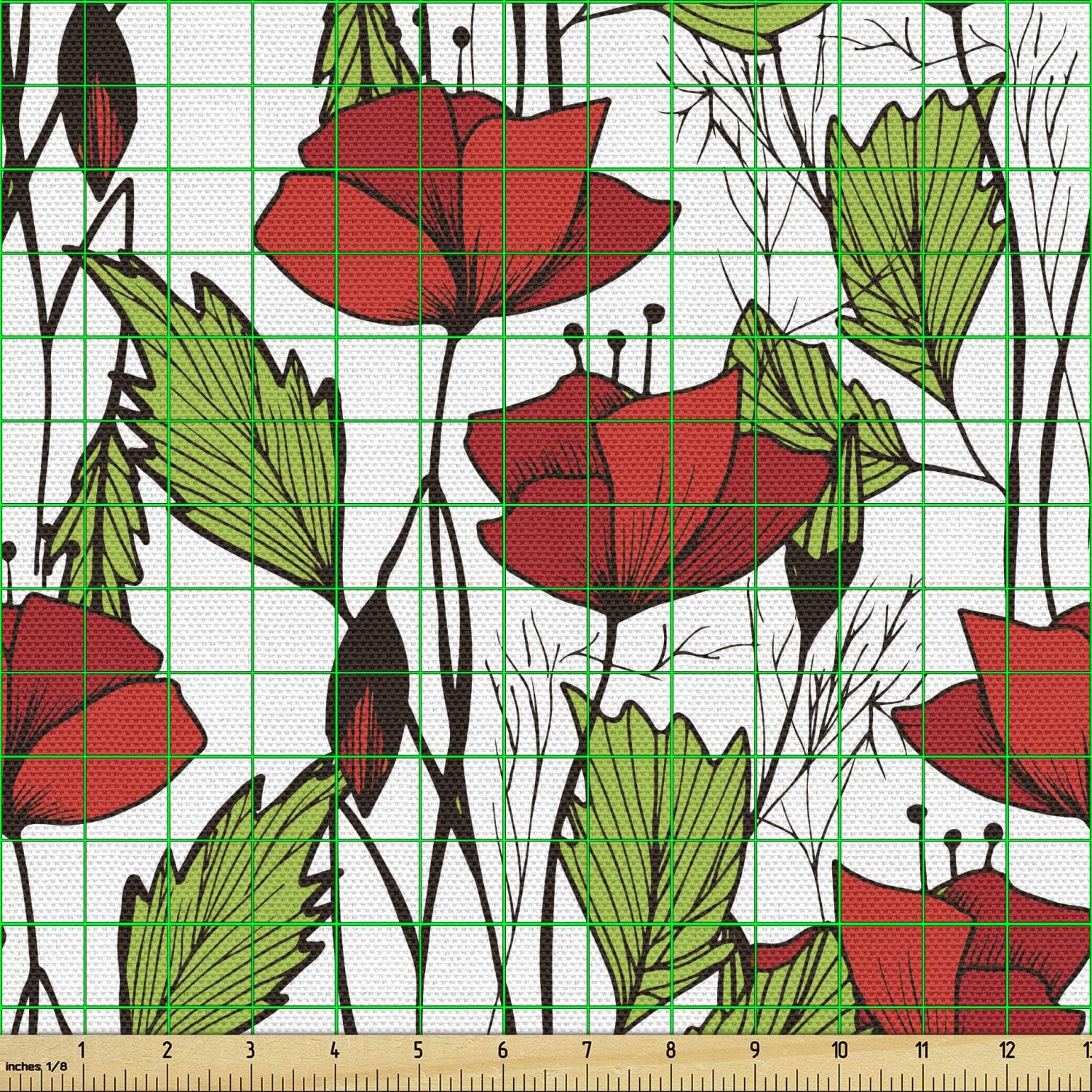 Ambesonne Tela floral de The Yard, vista de cerca de flores y hojas de amapola florecientes, tela decorativa para tapicería y detalles del hogar, 1
