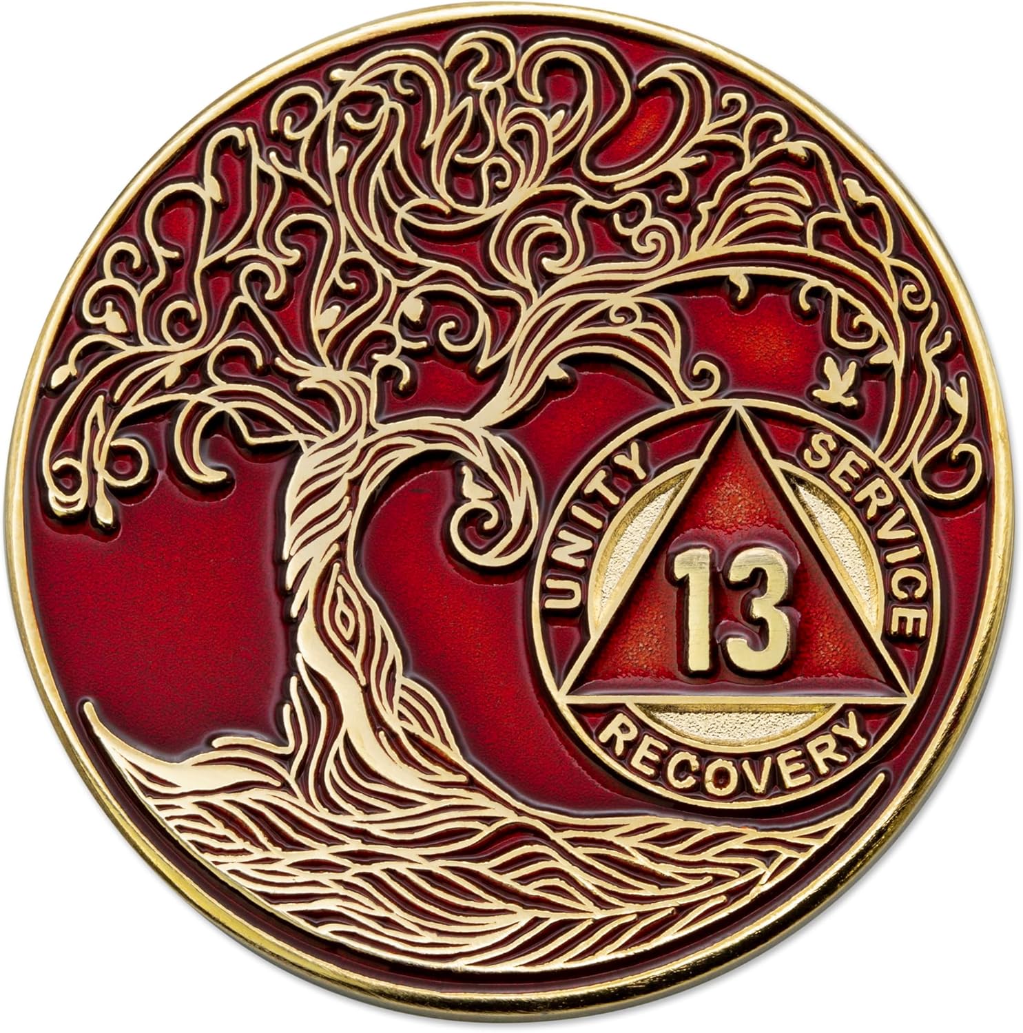 Medallón AA de 13 años, chip de recuperación AA chapado en oro, árbol de la vida, rojo