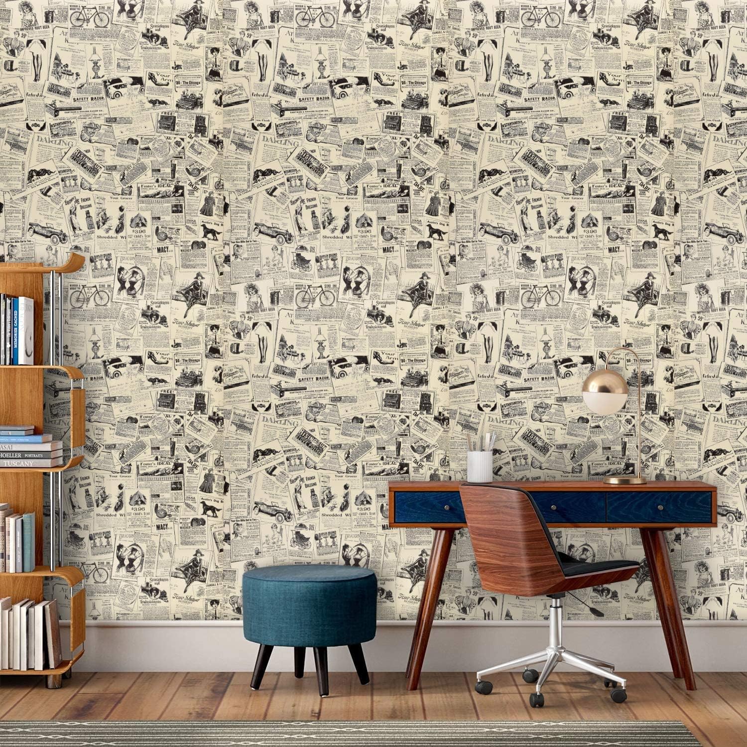 WENMER Papel de contacto de periódico de 17.71 x 590 pulgadas, papel tapiz autoadhesivo vintage para despegar y pegar, papel tapiz extraíble para