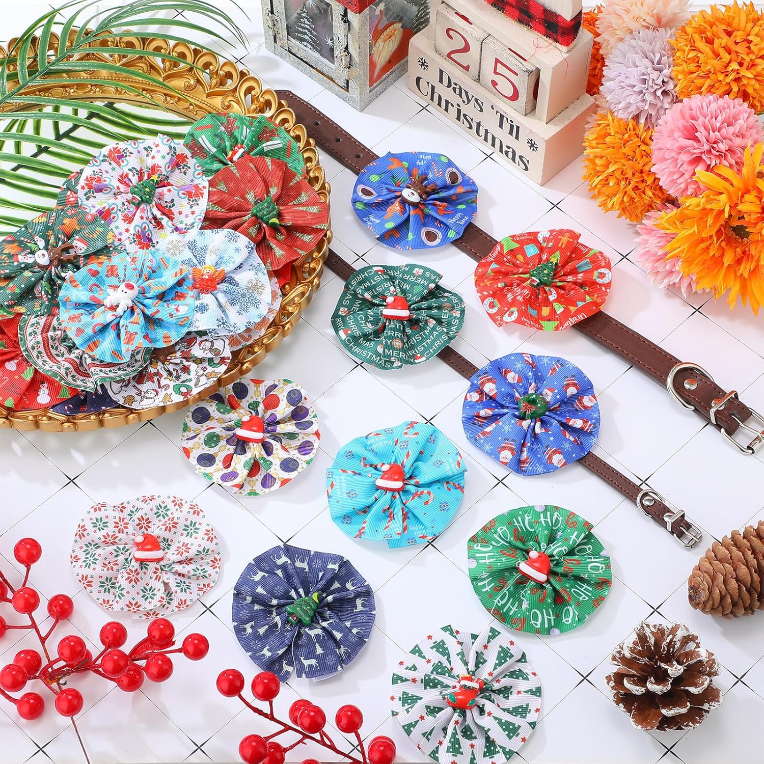 60 piezas de collar de Navidad para perro, flores, collar de flores de invierno para mascotas, pajaritas, accesorios para perros, suministros de