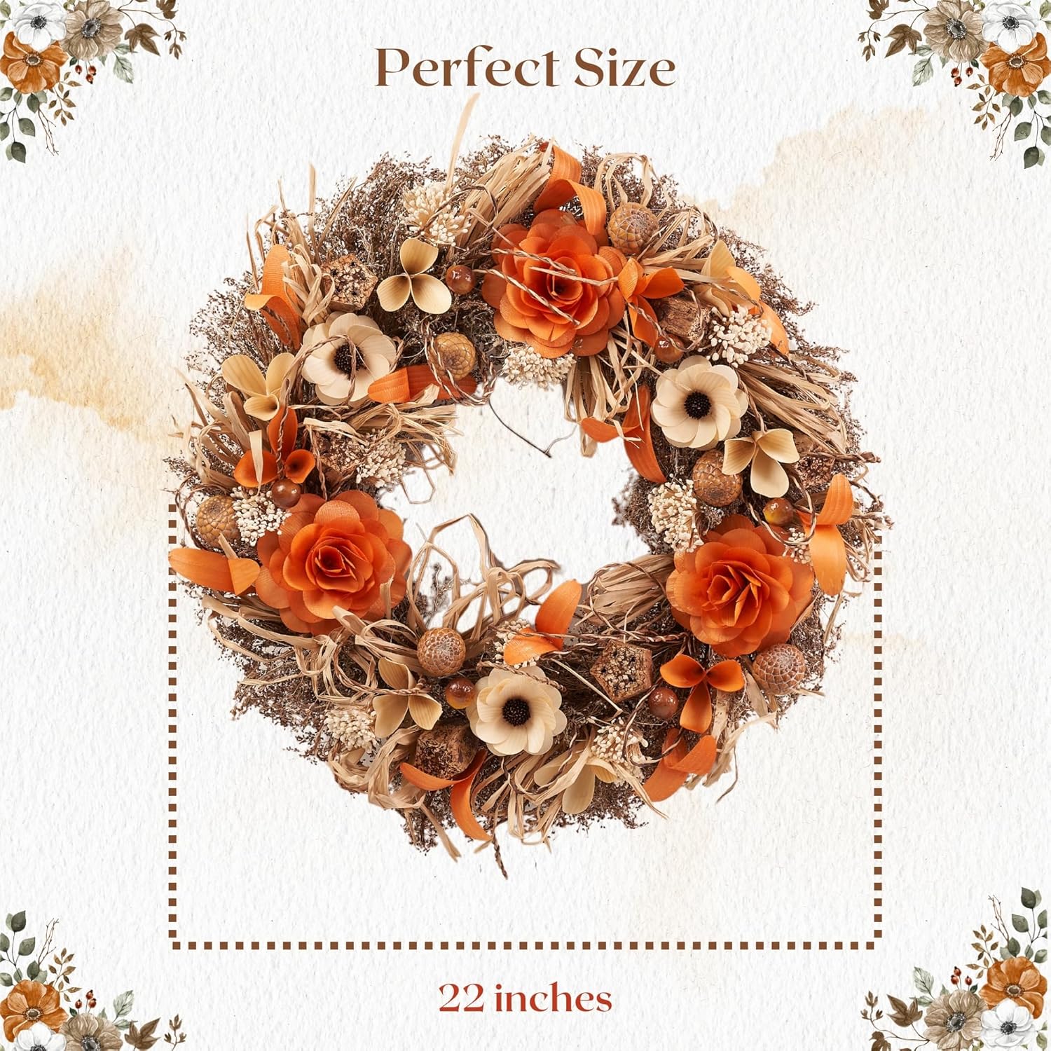 Corona floral de madera de cosecha de otoño de 22 pulgadas, coronas de otoño hechas a mano de primera calidad para puerta delantera, perfecta para