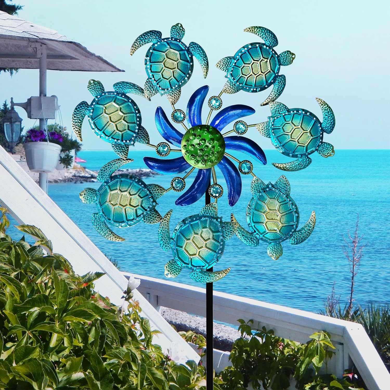 Molinillos de viento de tortuga marina de 39 pulgadas, estaca de jardín, decoración al aire libre, estaca de metal, escultura de viento, decoración
