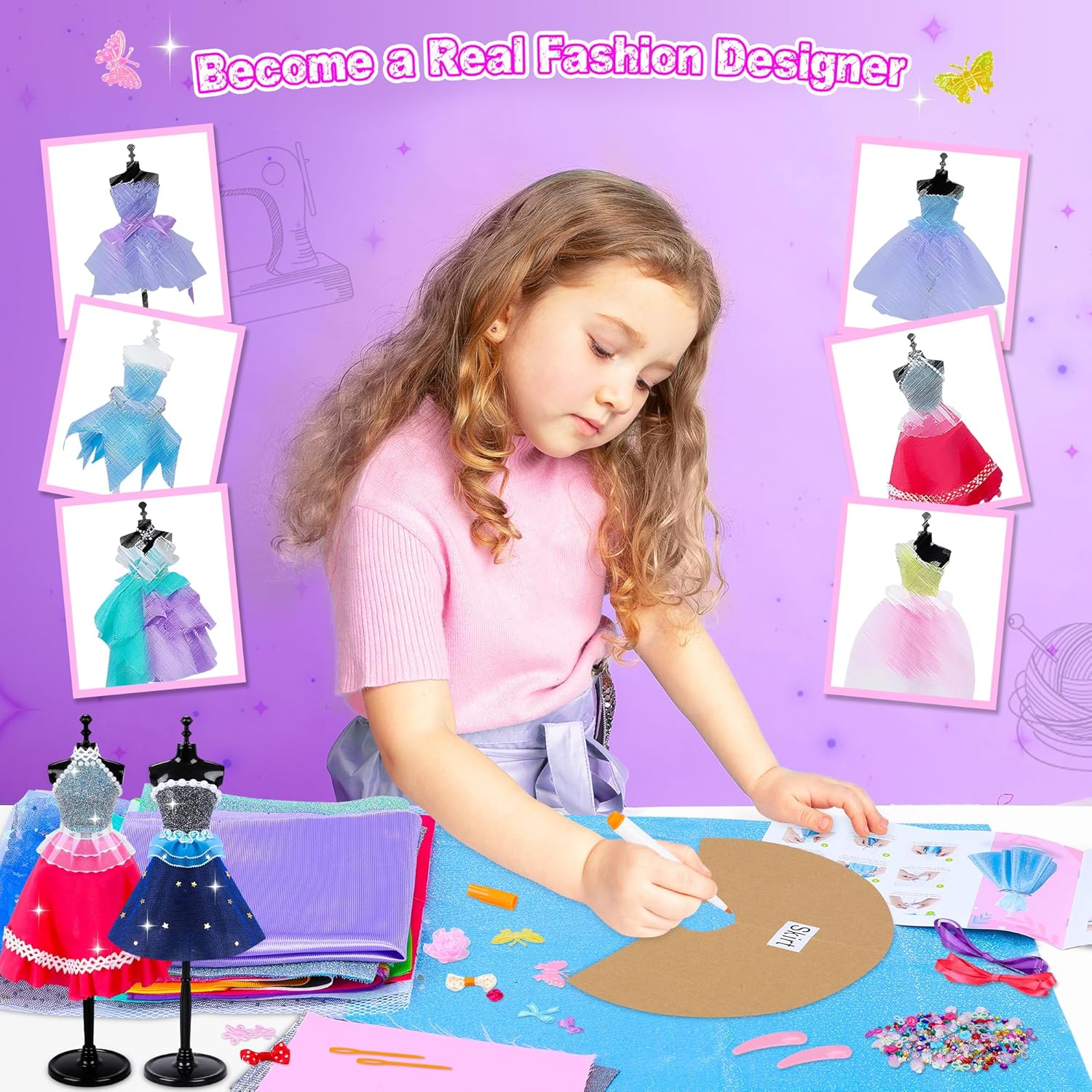 MINIFUN Kit de diseño de moda para niñas, kit de costura con 4 maniquíes, actividades de arte y manualidades para niños, kit de fabricación de ropa