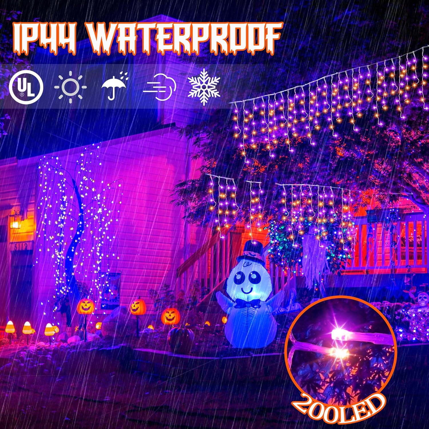 Luces de carámbano de Halloween con función de detección de movimiento de música Spook – 340 LED de 29 pies de longitud de cortina de luces púrpura