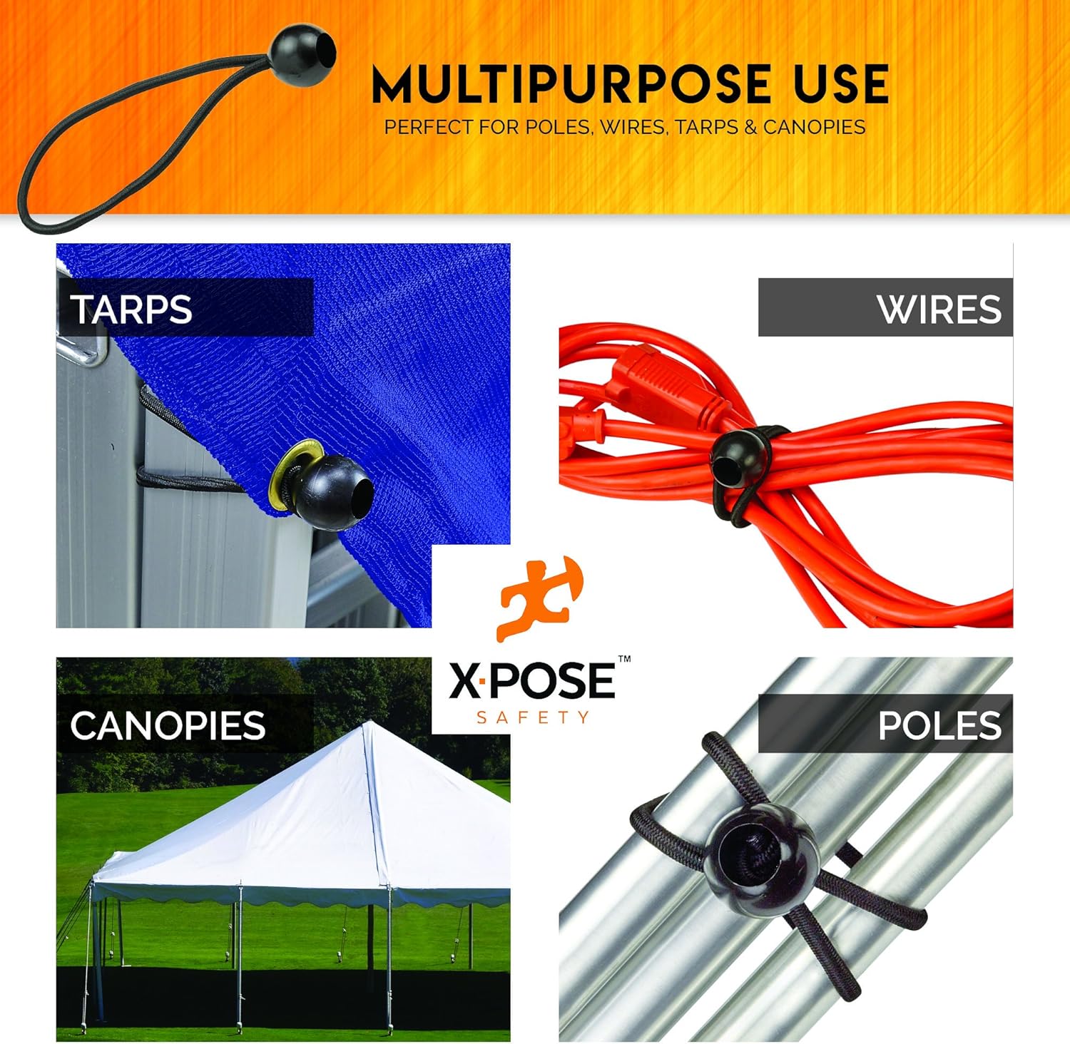 Xpose Safety Cuerdas elásticas de bolas de 11 pulgadas, paquete de 10 cuerdas elásticas negras resistentes con lazos de bolas para toldos, lonas,