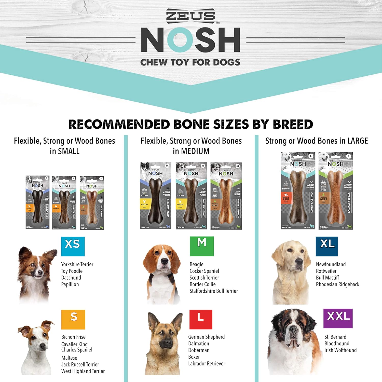 ZEUS Nosh – Huesos fuertes para masticar para perros, juguetes masticables para masticadores agresivos, sabor a pollo de larga duración, grande