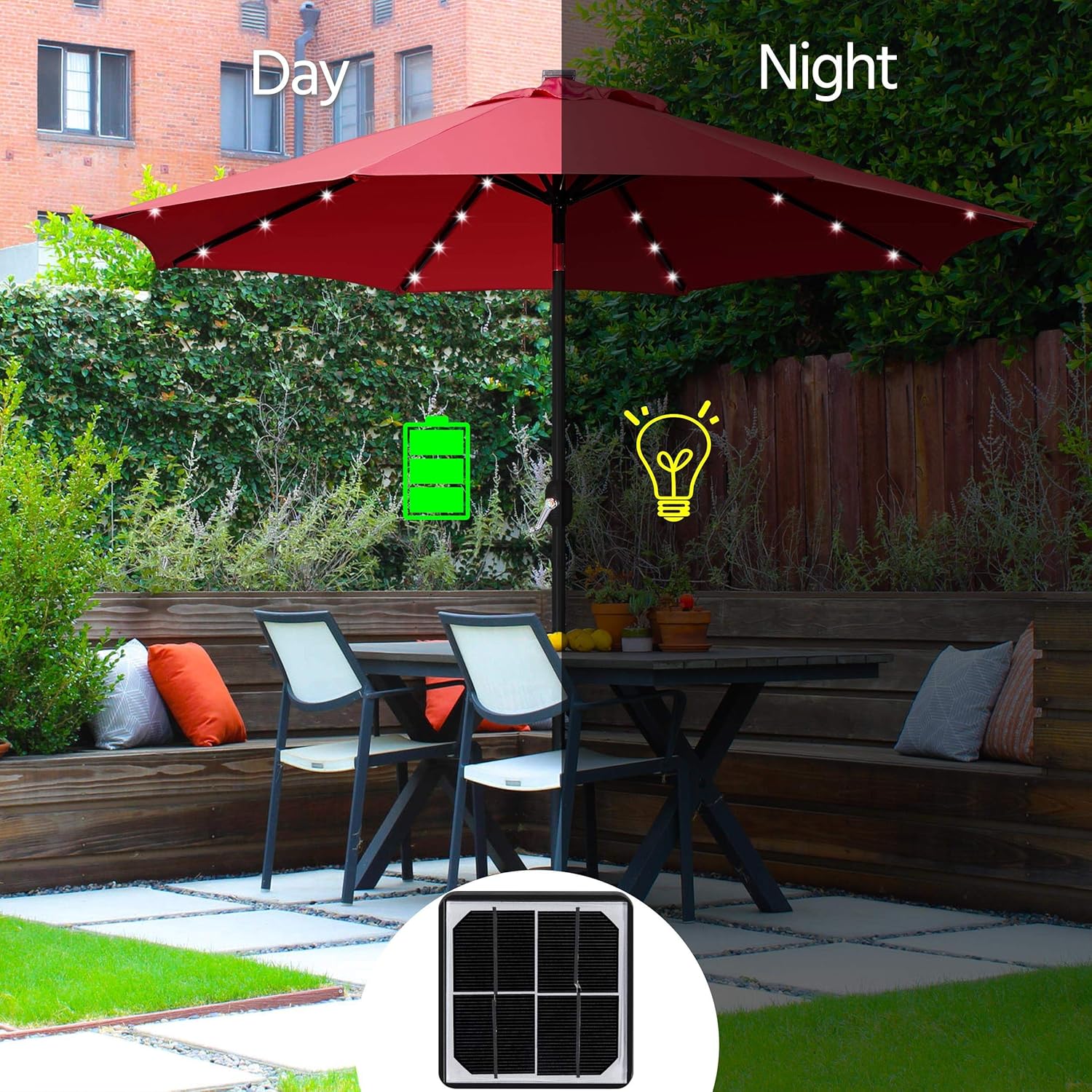 Yaheetech Sombrilla solar de 9 pies para patio, 32 luces LED, 8 varillas con botón de inclinación y sistema de elevación de manivela para jardín,