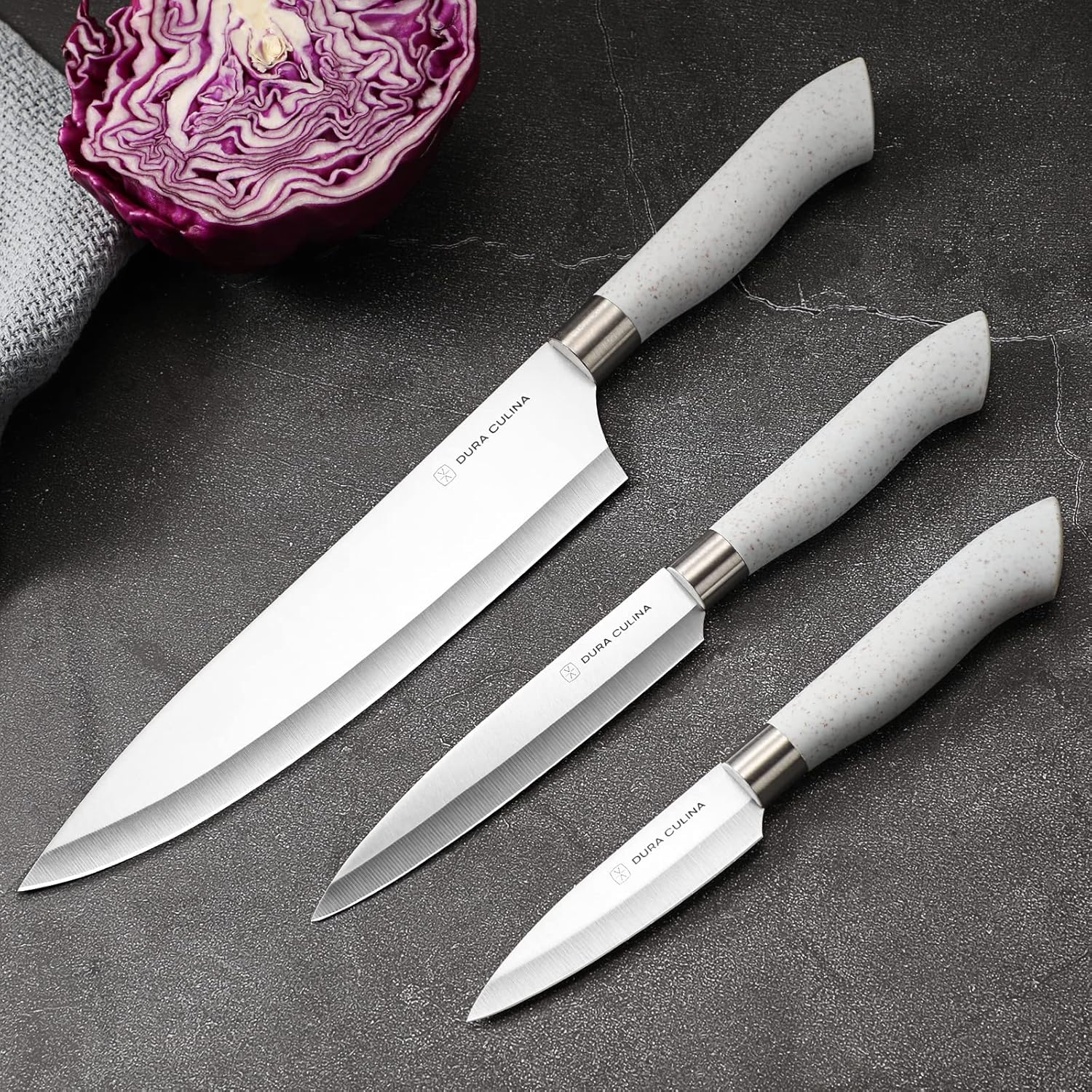DURA LIVING EcoCut – Juego de cuchillos de cocina de 5 piezas, cuchillas de acero inoxidable de alto carbono, asas ergonómicas sostenibles,