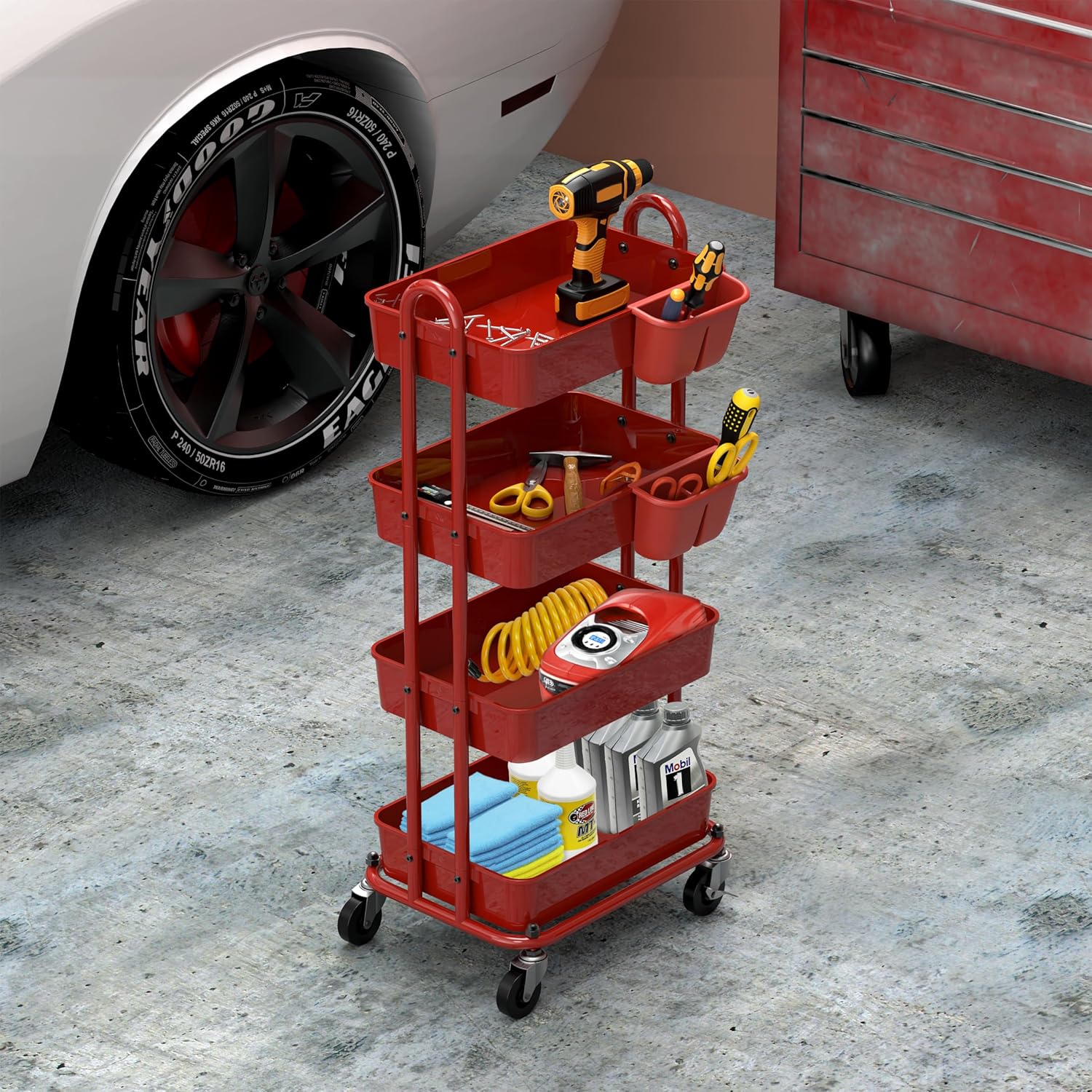 SimpleHouseware – Carrito utilitario multifuncional de 4 niveles con divisores de cesta y cubos colgantes, color rojo