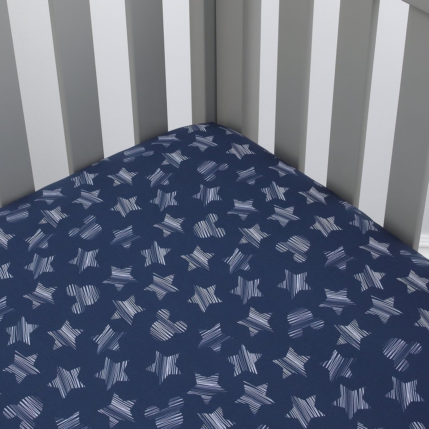 Disney Mickey Mouse Hello World StarIcon – Sábana bajera ajustable para cuna, 100% algodón, color azul marino, blanco (paquete de 2)