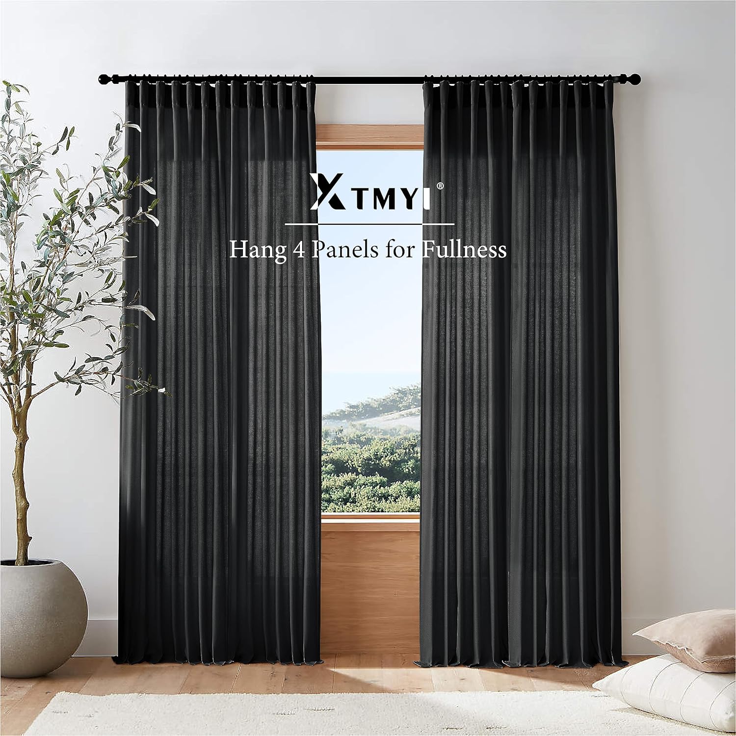 XTMYI Cortinas negras de 108 pulgadas de largo para puerta corrediza de vidrio, juego de 2 paneles de ganchos de lino, cortinas plisadas para telón