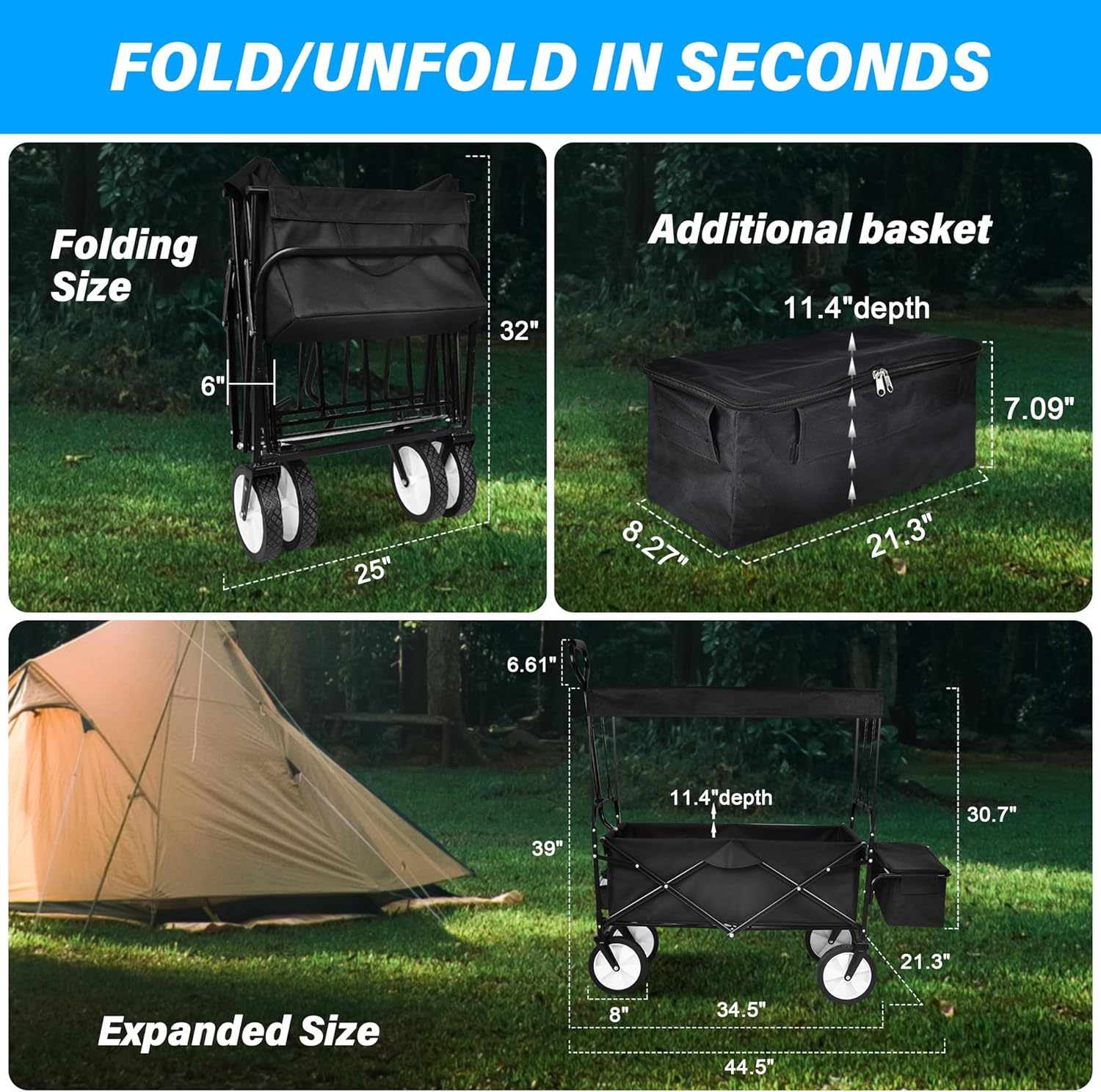 YSSOA Carrito de mano portátil plegable resistente con toldo extraíble, ruedas de 8 pulgadas, asas ajustables y doble tela para compras, picnic,