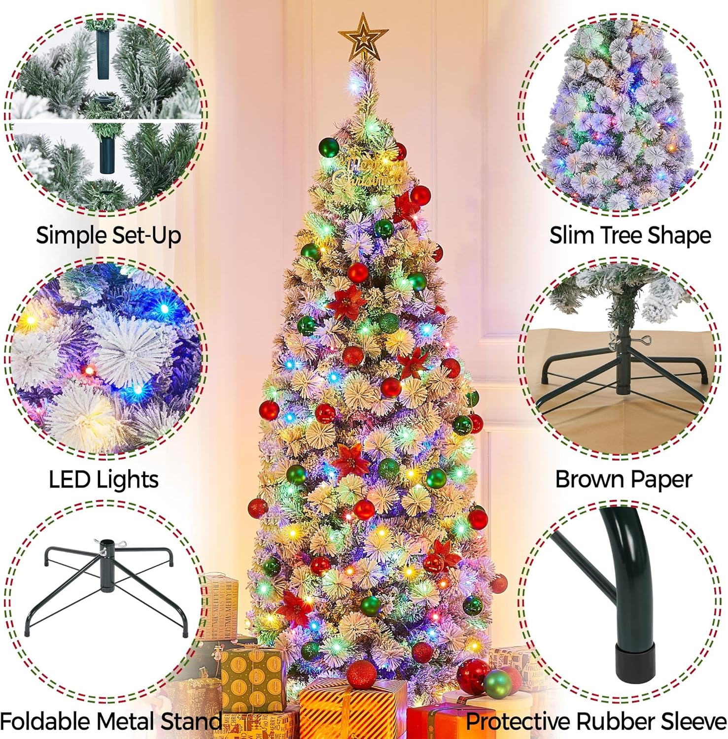 Yaheetech Árbol de Navidad flocado de nieve preiluminado de 6 pies, pino artificial con bisagras de alta calidad con 250 luces LED coloridas y 564