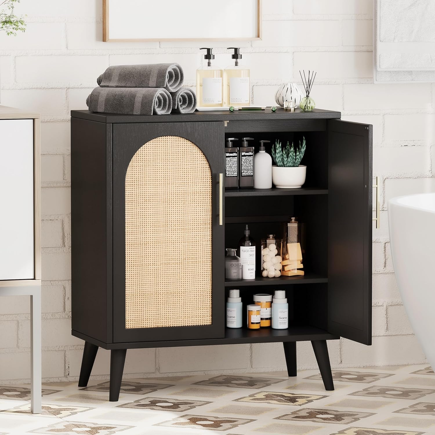 Rovaurx Gabinete de almacenamiento de ratán con puertas, gabinete de piso de baño de acento, armario de buffet moderno para sala de estar, entrada,