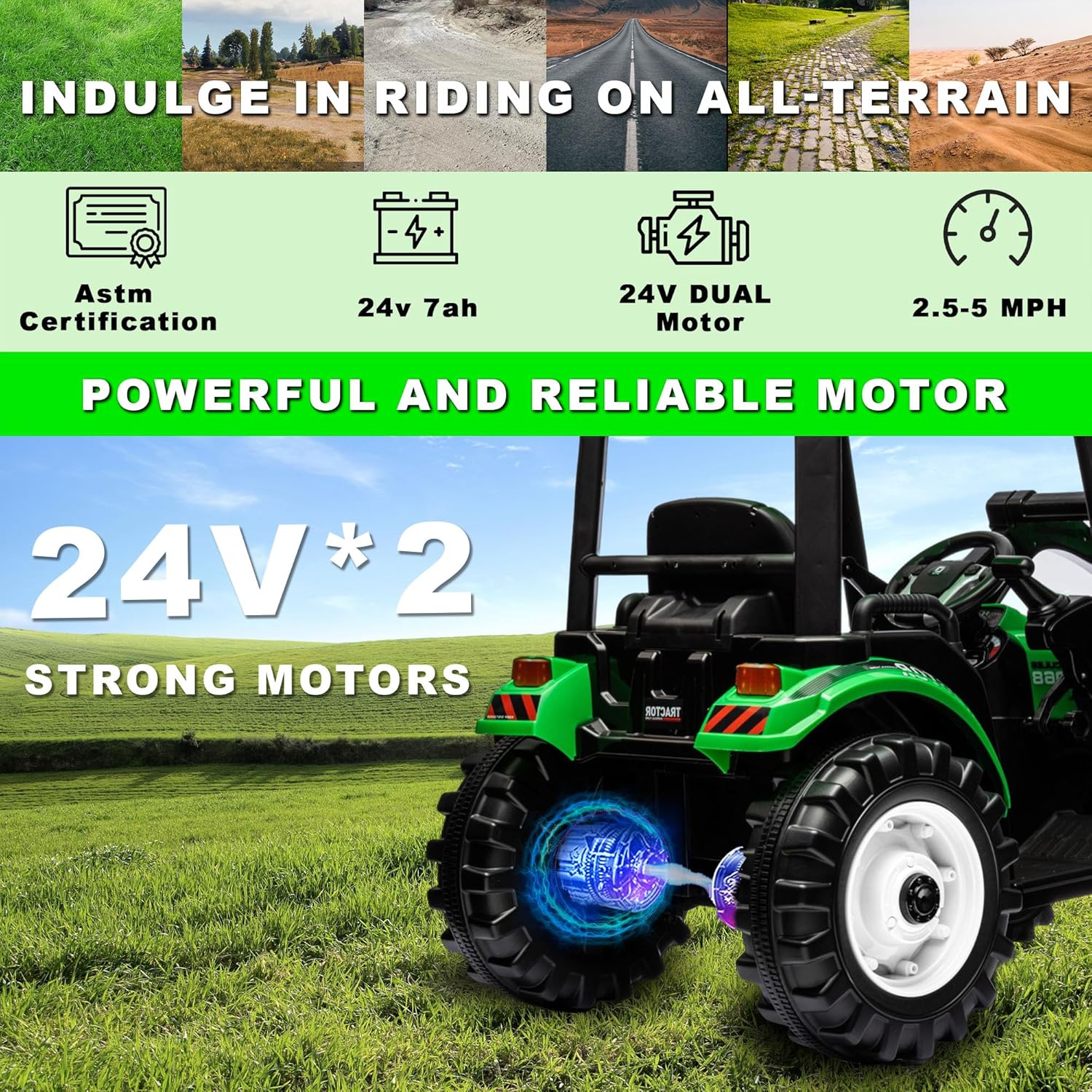 Tractor de conducción para niños de 24 V, tractor de equitación 3 en 1 con remolque y cargador frontal, Power Wheels 24 V, juguetes para niños y