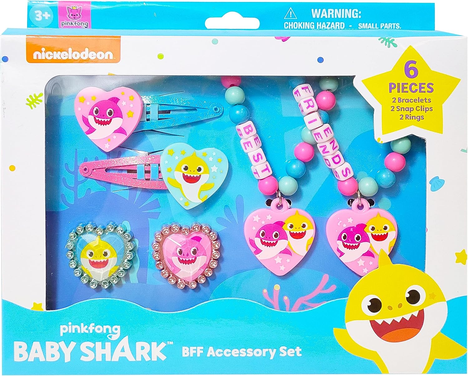 LUV HER Baby Shark Girls BFF – Joyero de juguete de 6 piezas con 2 anillos, 2 pulseras de cuentas y pinzas para el cabello a presión a partir de 3