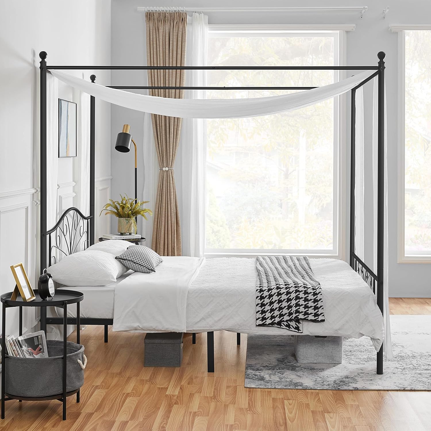 Topeakmart Base de colchón con plataforma metálica con dosel de cuatro pósteres con cabecera arqueada y estribo, listones sólidos, necesita somier,